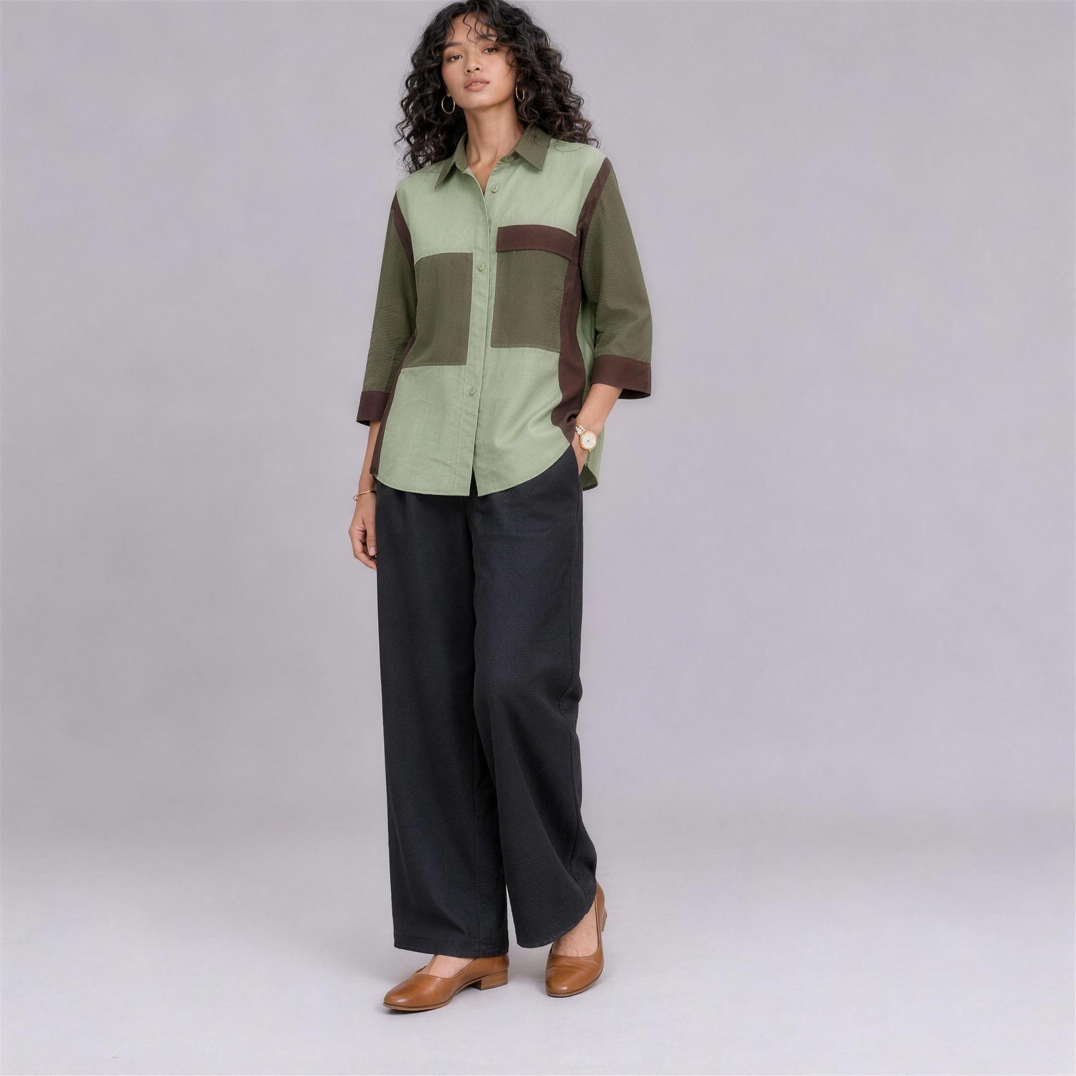 Linen Colour-Block Shirt in Highland, Ratń Swamini, alt front view