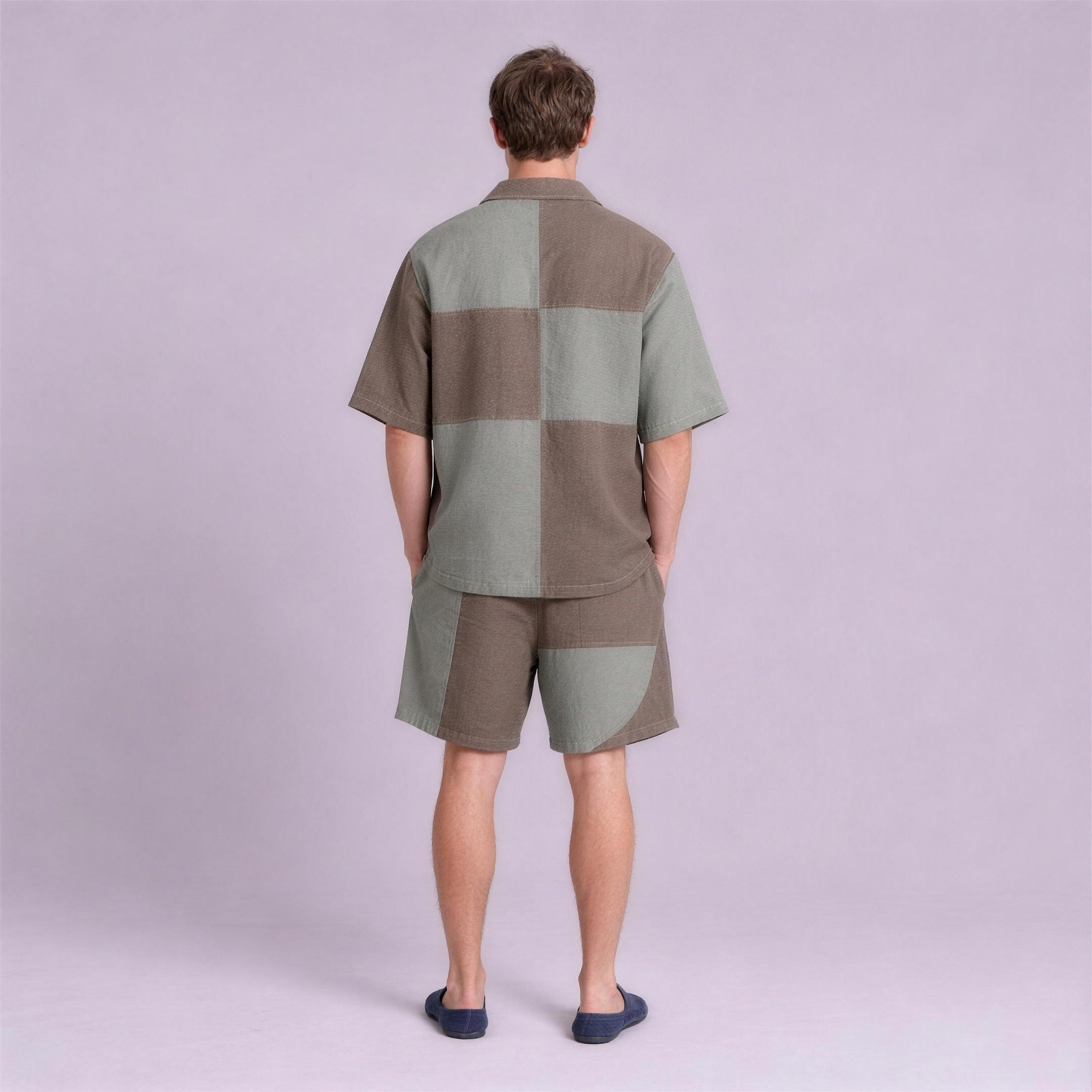 Linen Colour-Block Camp Collar Set in Driftwood, Ratń Swamini, back view