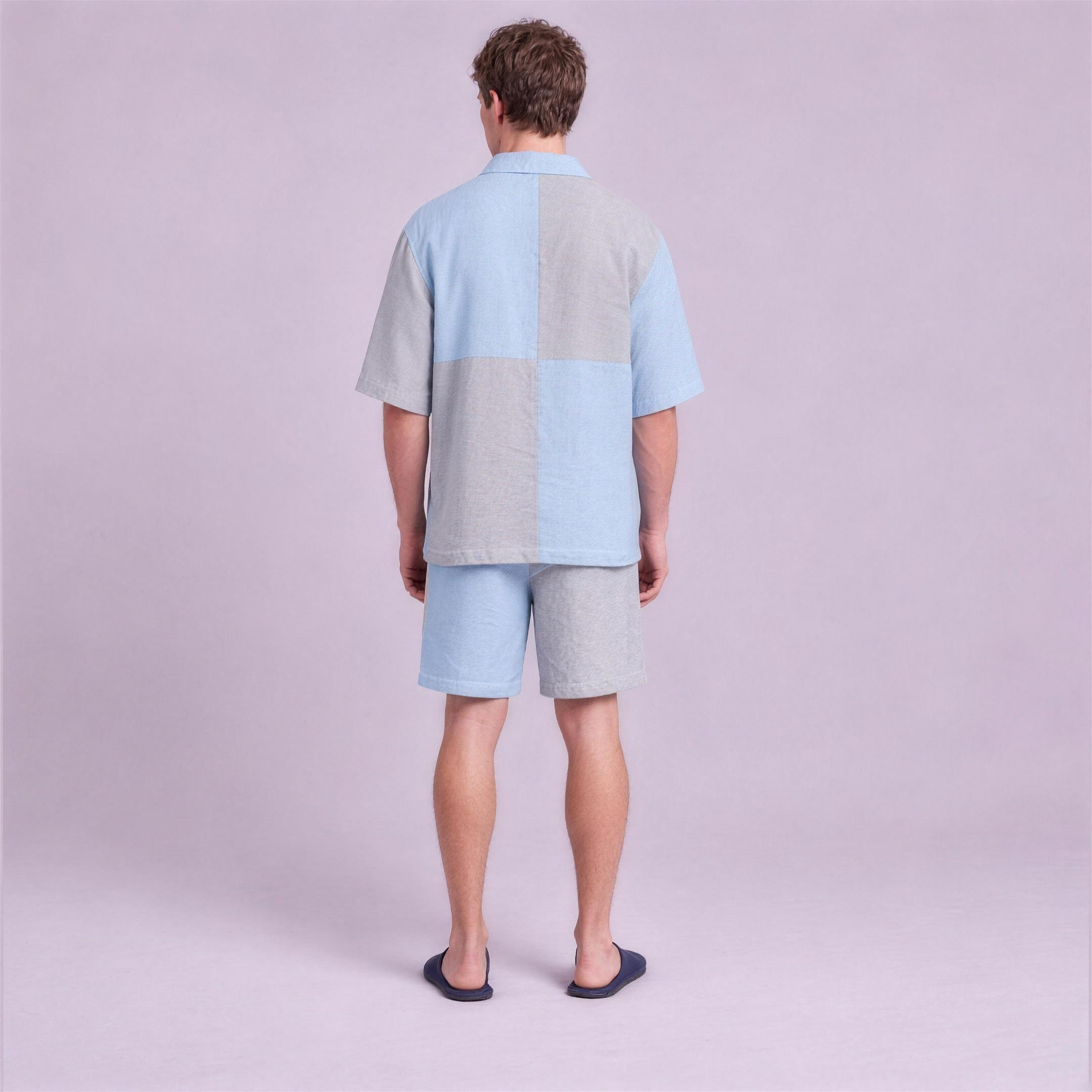 Linen Two-Tone Colour-Block Camp Collar Set in Skyline, Ratń Swamini, back view