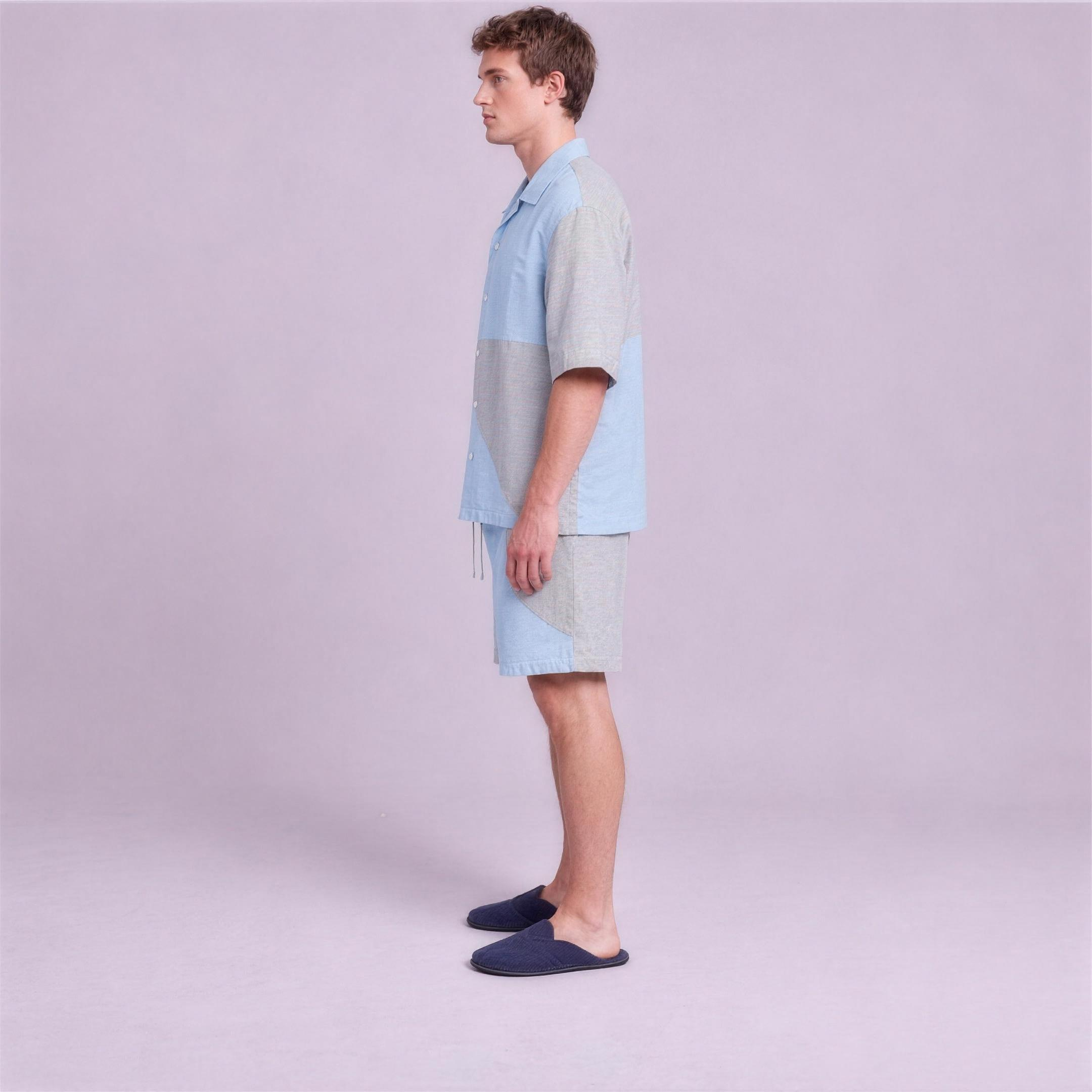 Linen Two-Tone Colour-Block Camp Collar Set in Skyline, Ratń Swamini, side view