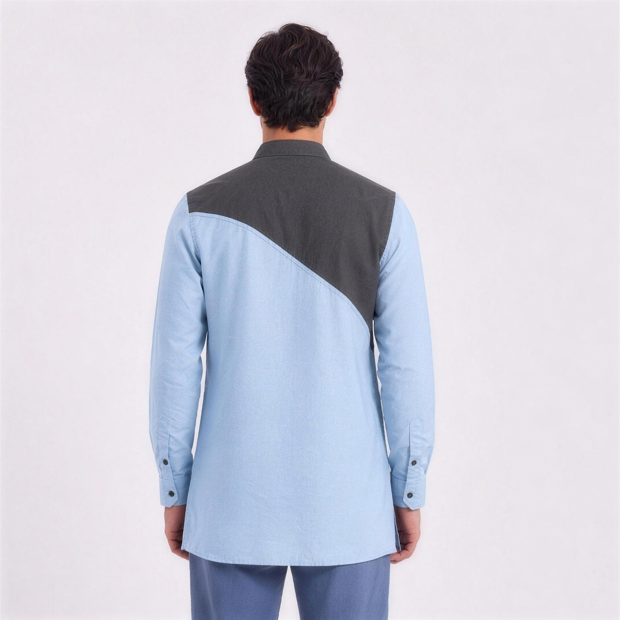 Linen Colour-Block Kurta Shirt in Slate Sky, Ratń Swamini, back view