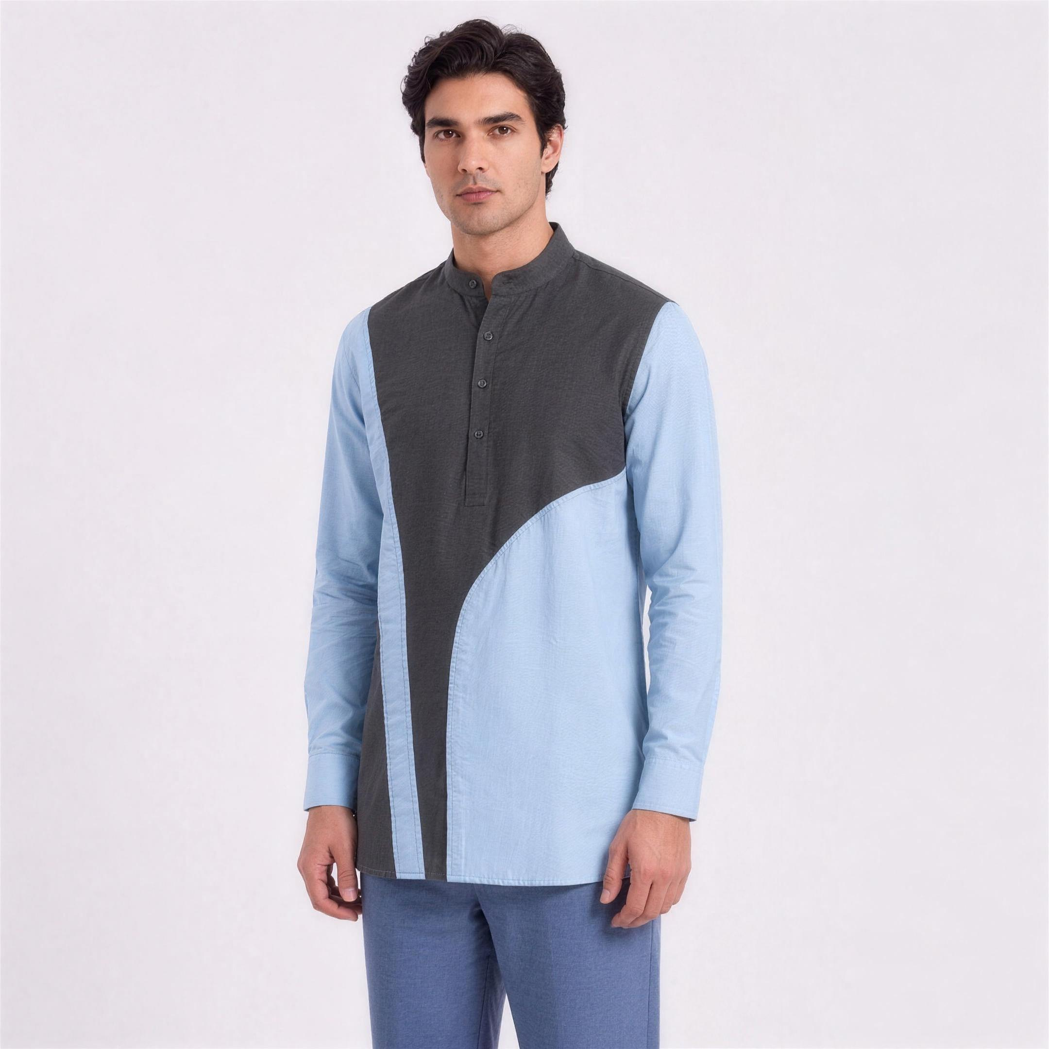 Linen Colour-Block Kurta Shirt in Slate Sky, Ratń Swamini, alt front view