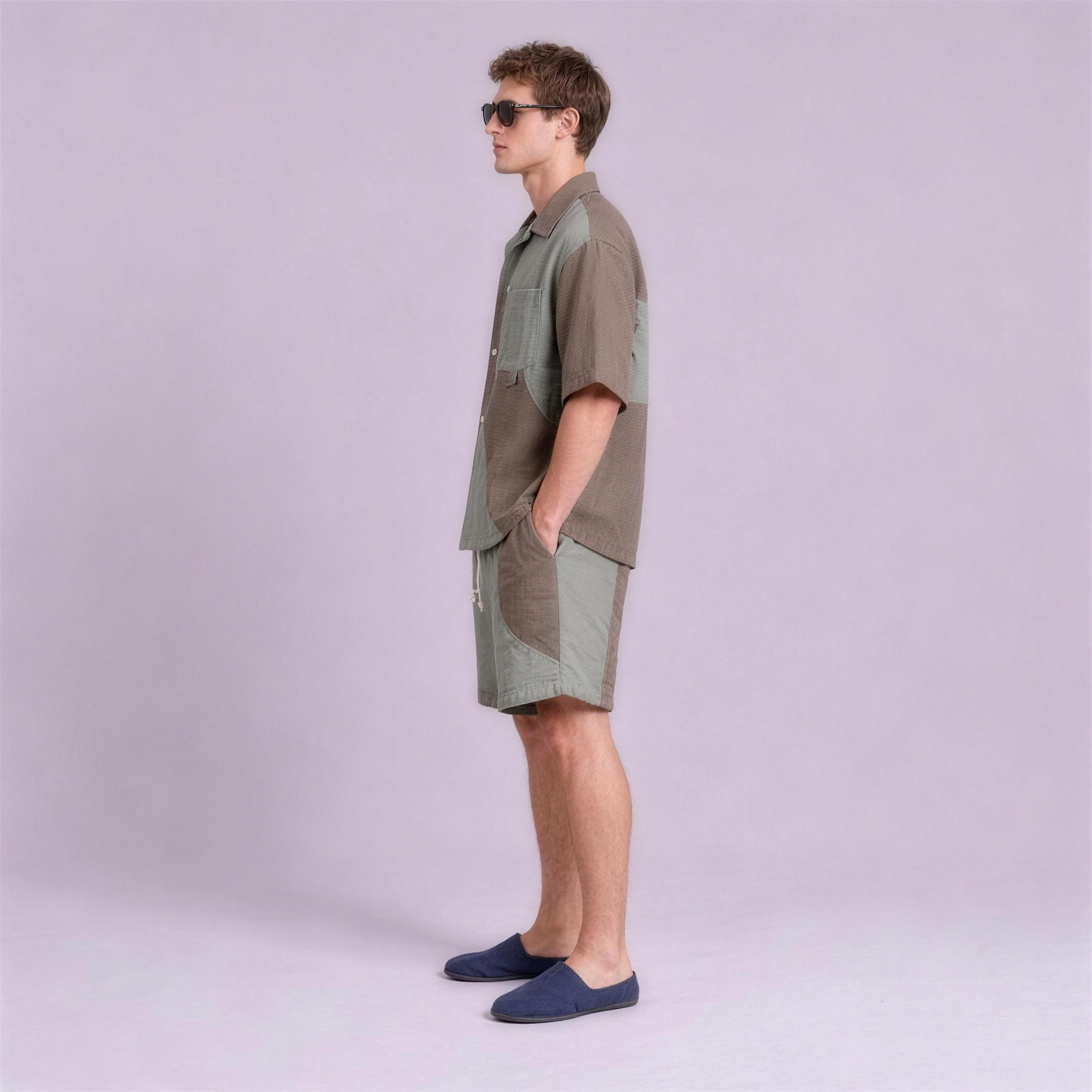 Linen Colour-Block Camp Collar Set in Driftwood, Ratń Swamini, side view