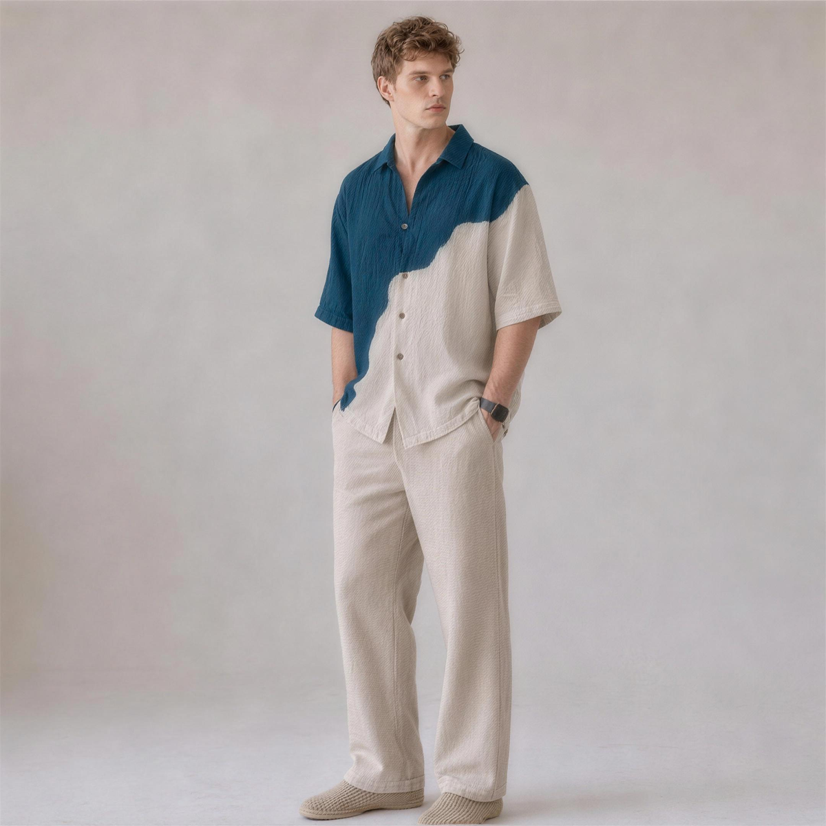 Linen Colorblock Shirt in Horizon, Ratń Swamini, alt front view