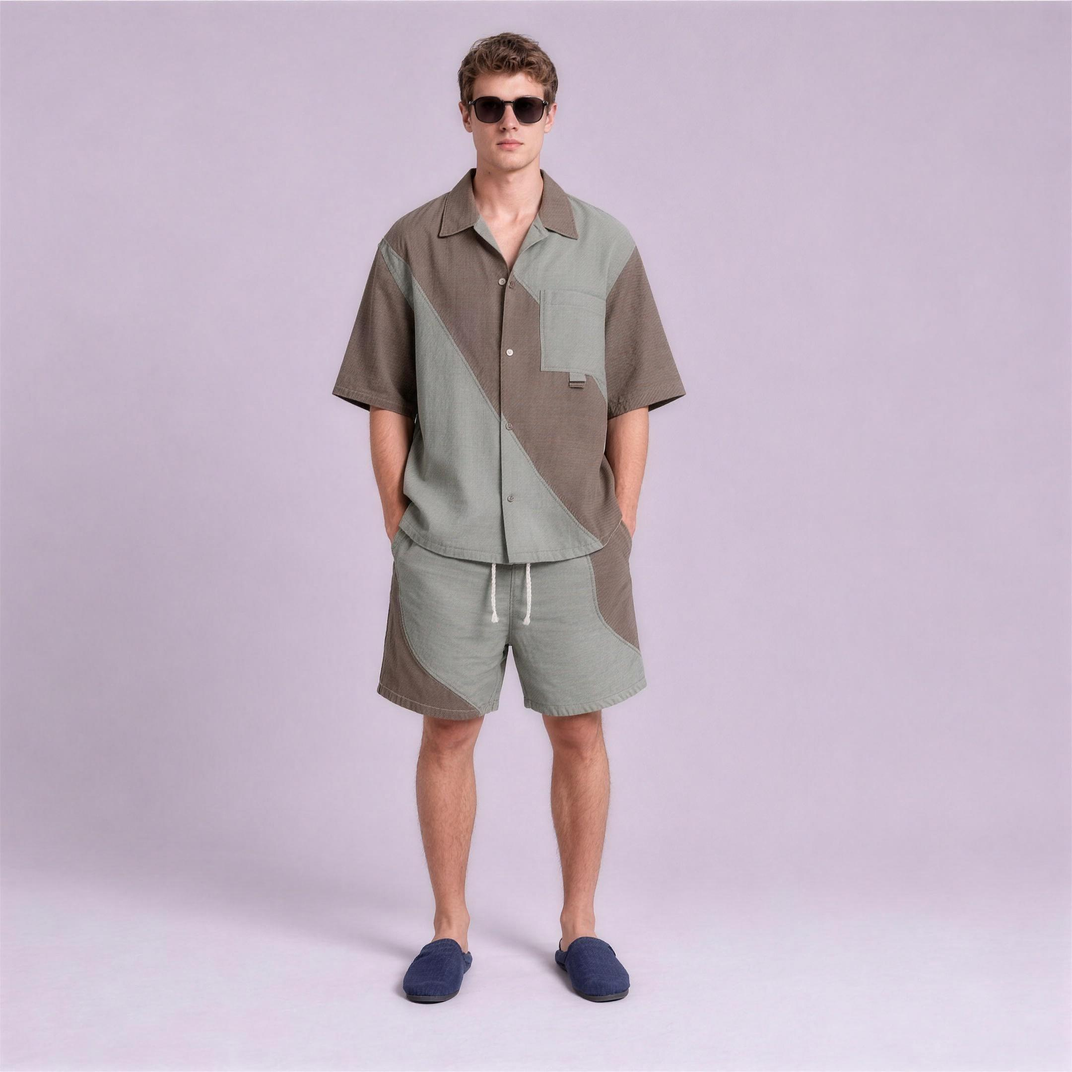 Linen Colour-Block Camp Collar Set in Driftwood, Ratń Swamini, alt front view