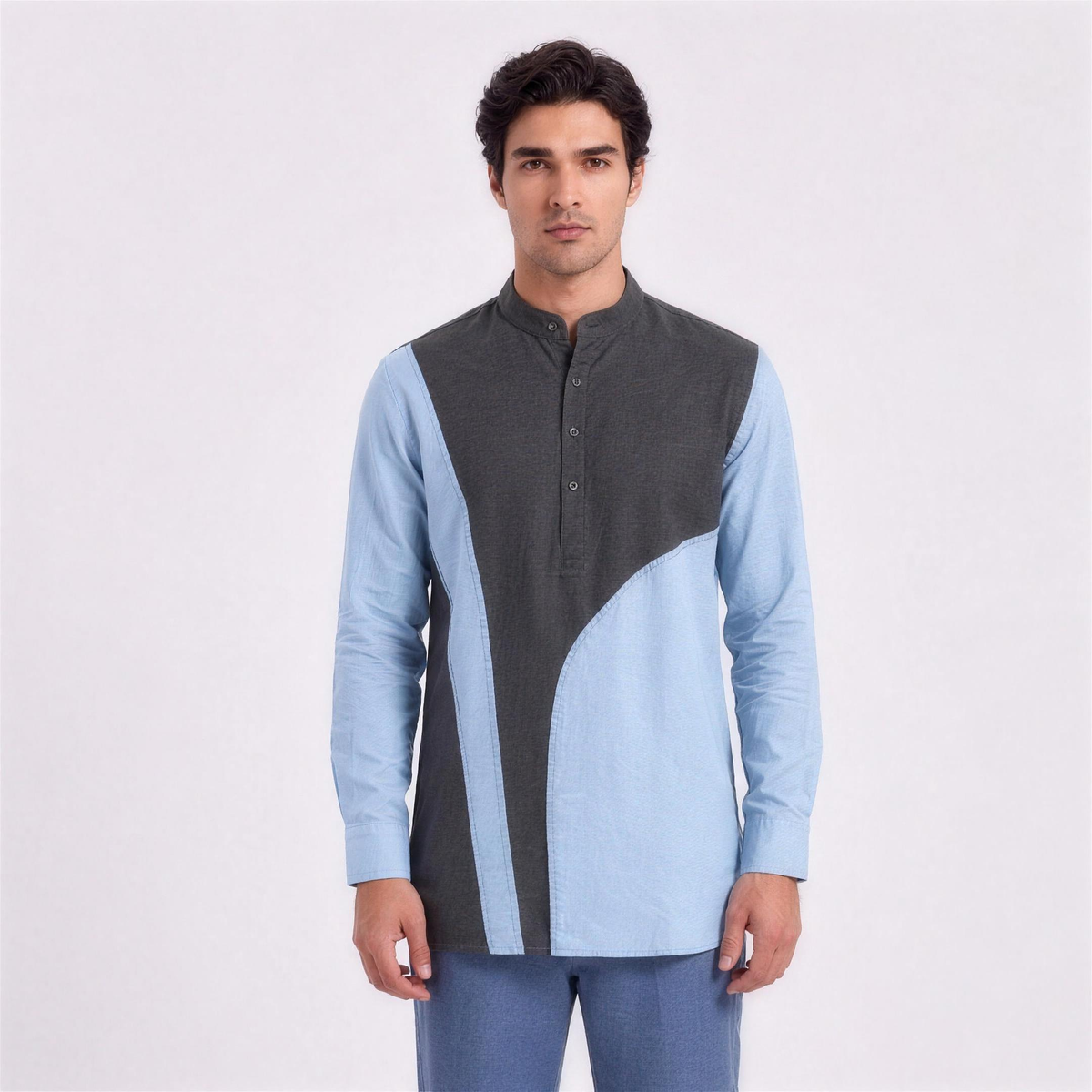 Linen Colour-Block Kurta Shirt in Slate Sky, Ratń Swamini