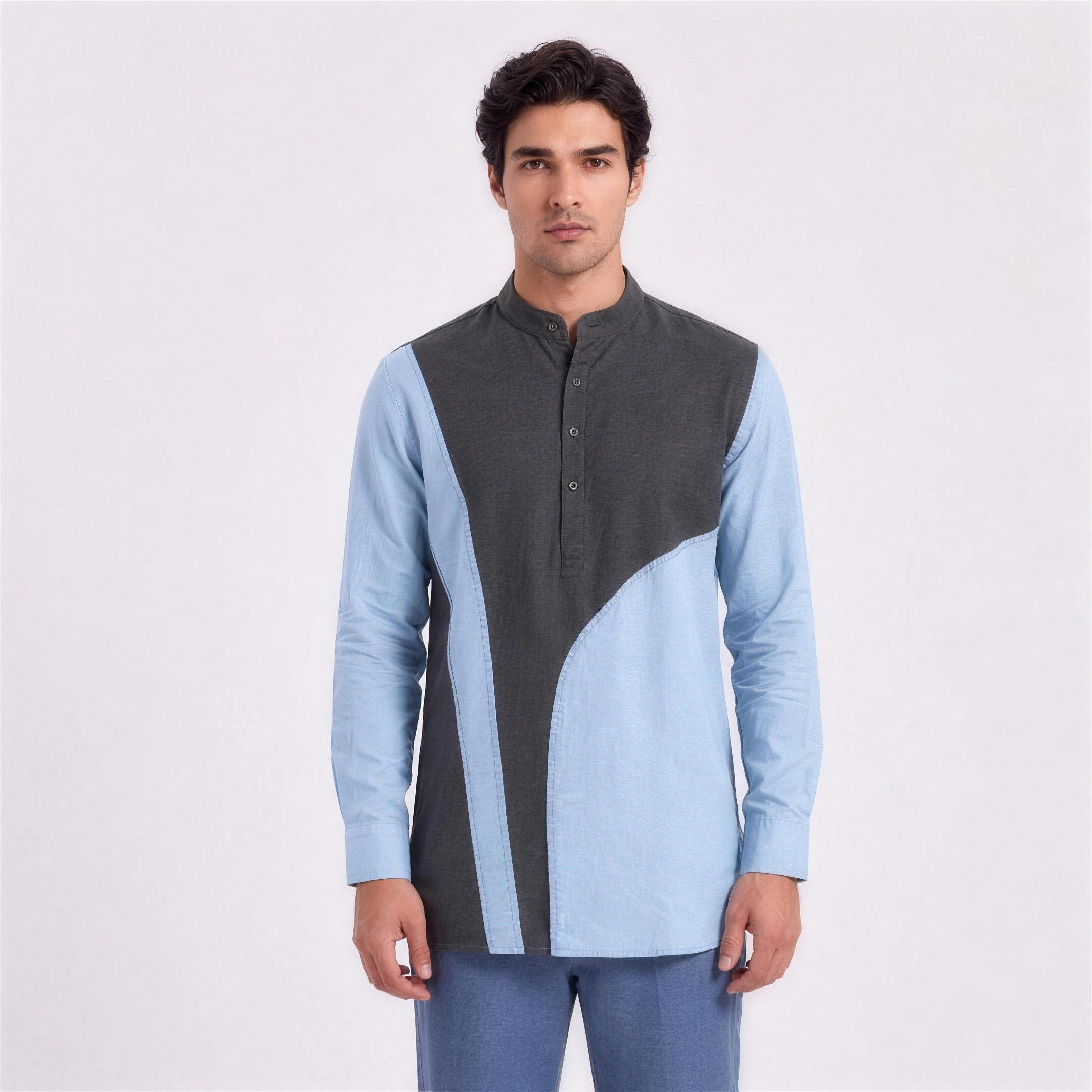 Linen Colour-Block Kurta Shirt in Slate Sky, Ratń Swamini