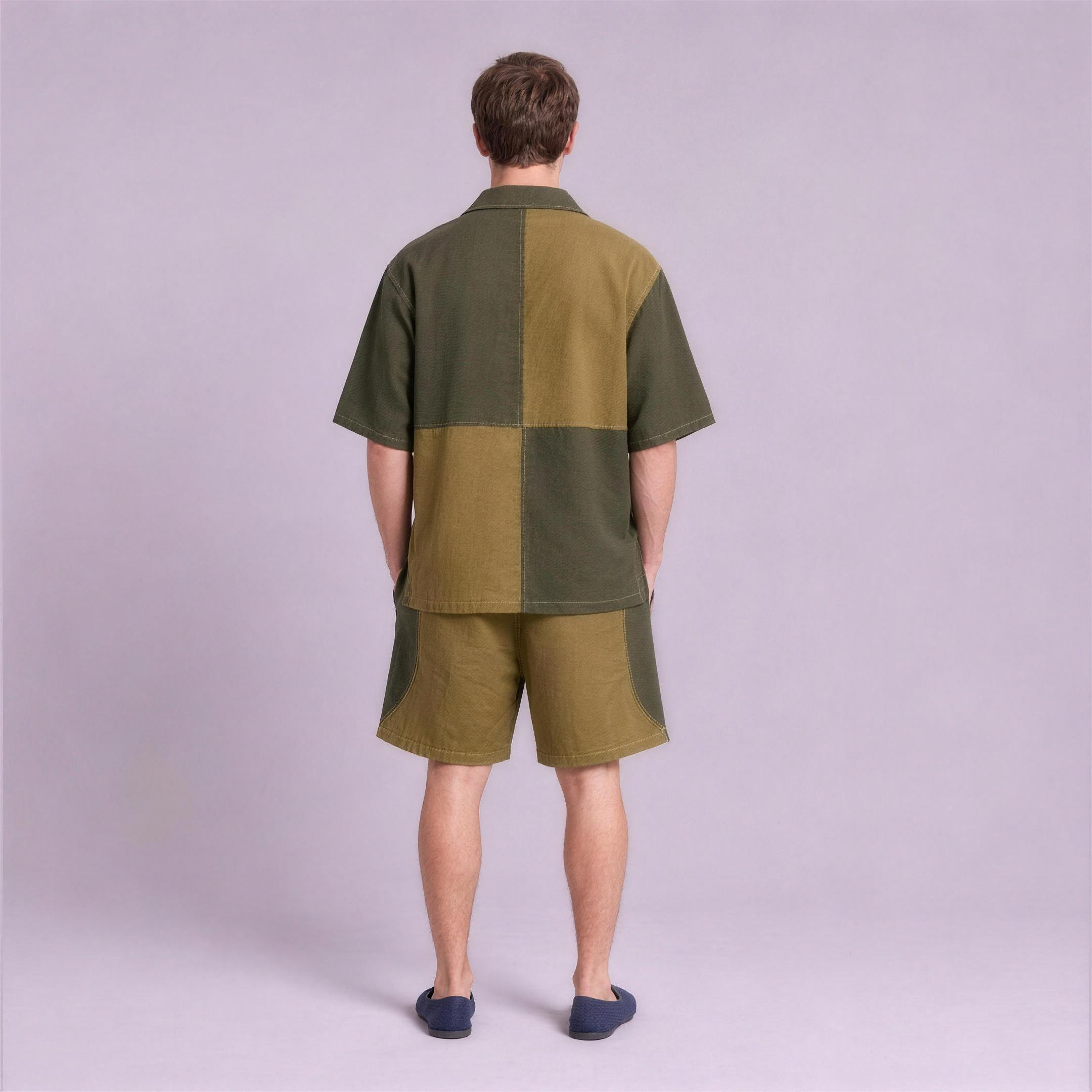 Linen Colour-Block Camp Collar Set in Thicket, Ratń Swamini, back view