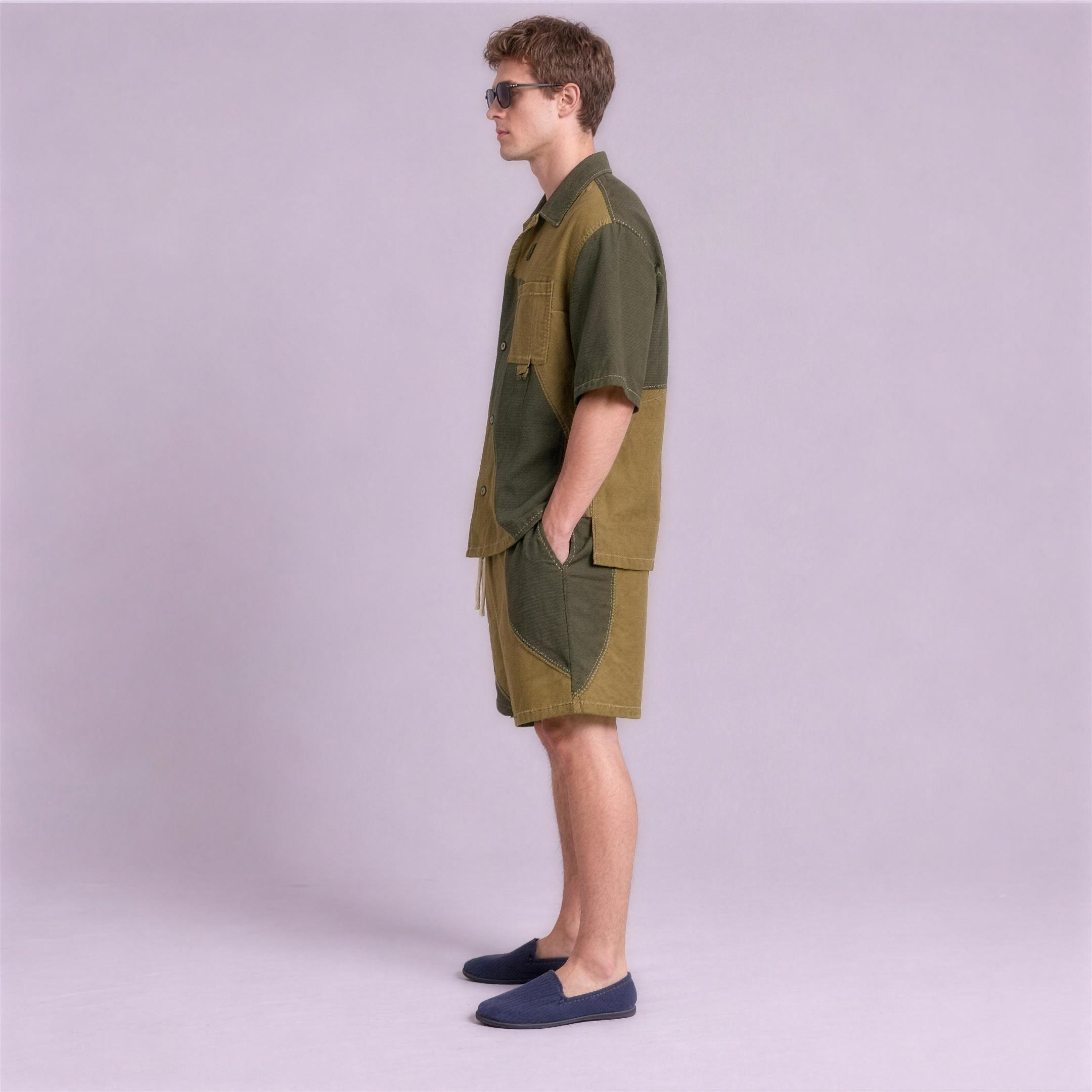 Linen Colour-Block Camp Collar Set in Thicket, Ratń Swamini, side view