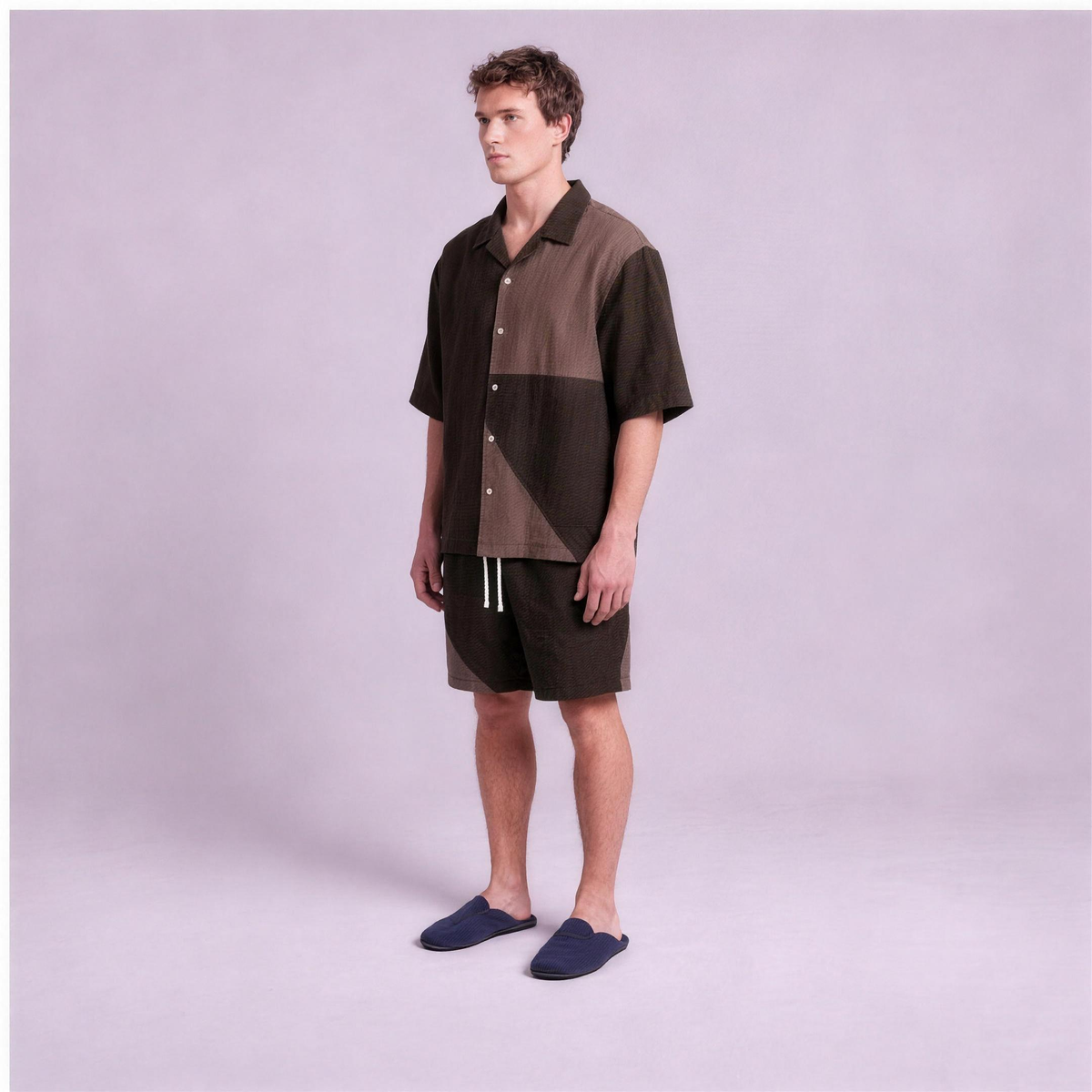 Linen Two-Tone Colour-Block Camp Collar Set in Roast, Ratń Swamini