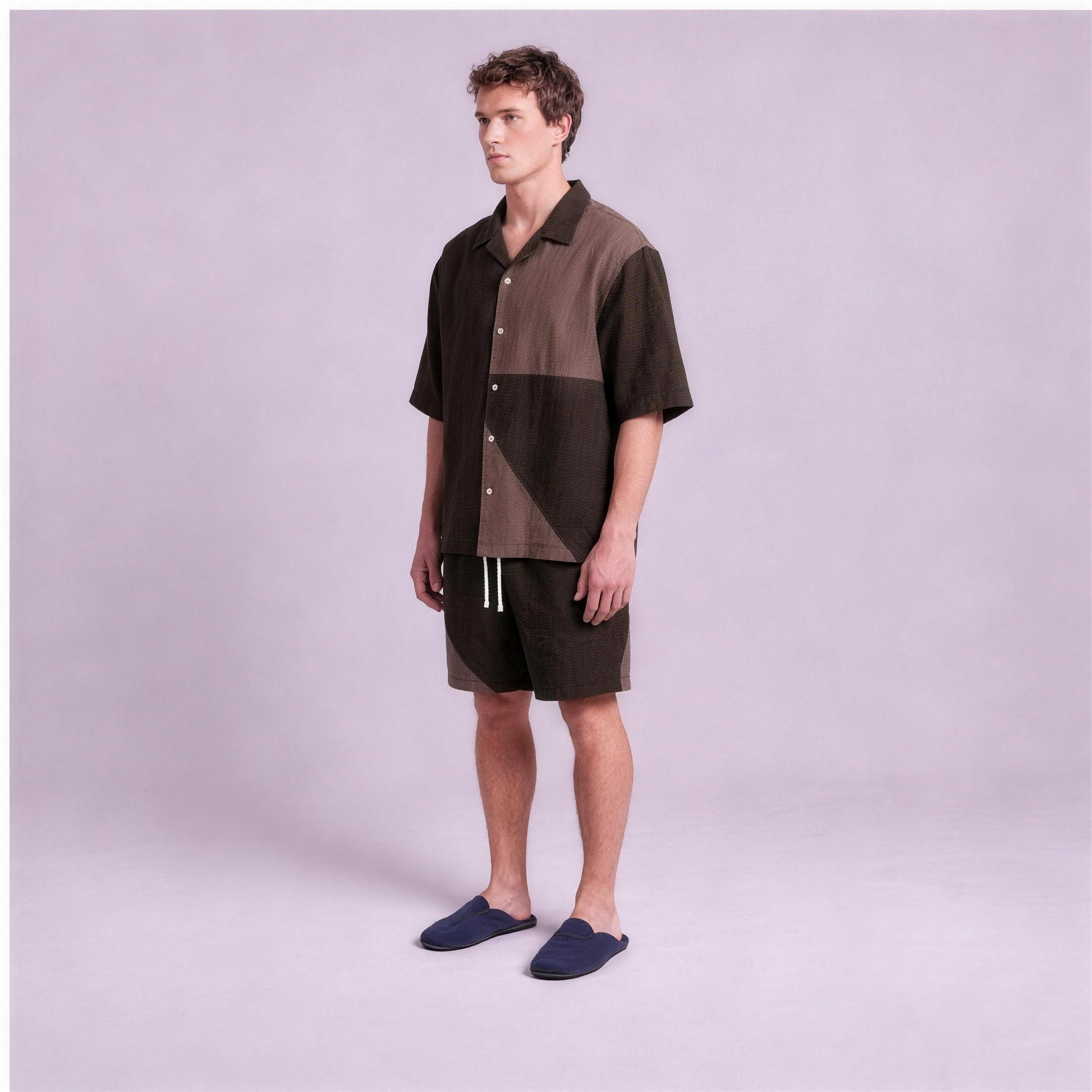 Linen Two-Tone Colour-Block Camp Collar Set in Roast, Ratń Swamini