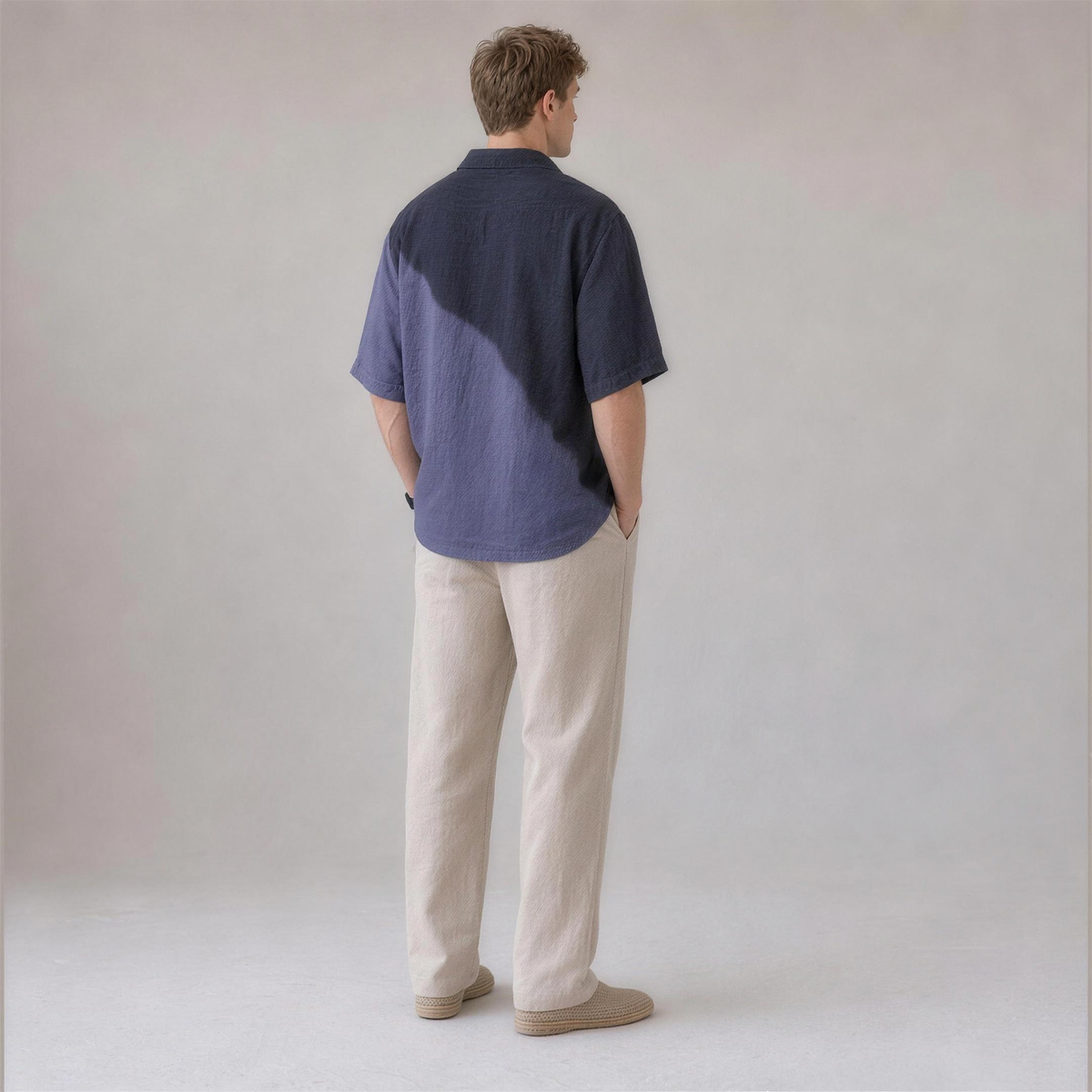 Linen Colorblock Shirt in Meridian, Ratń Swamini, back view