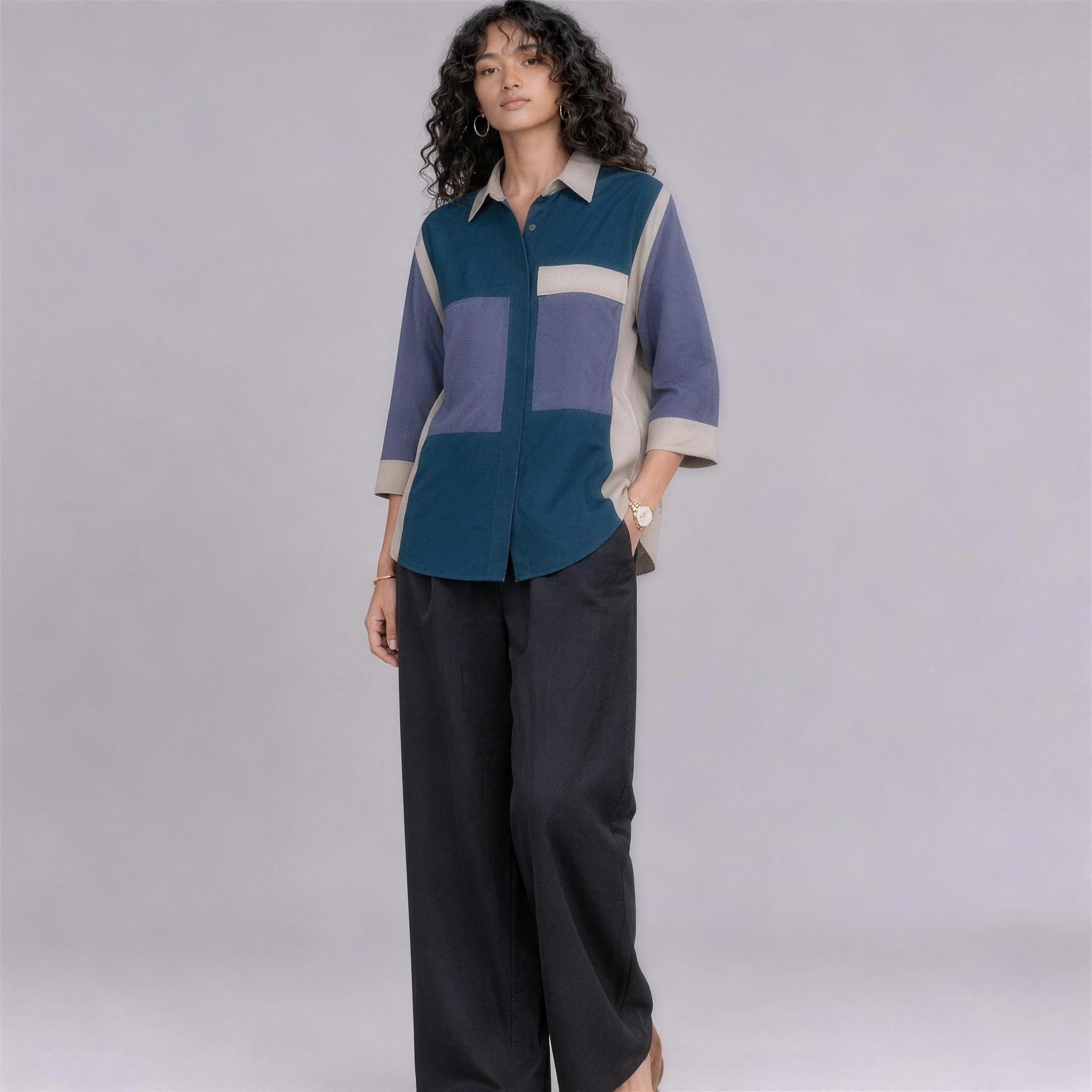 Linen Colour-Block Shirt in Harbor, Ratń Swamini, alt front view