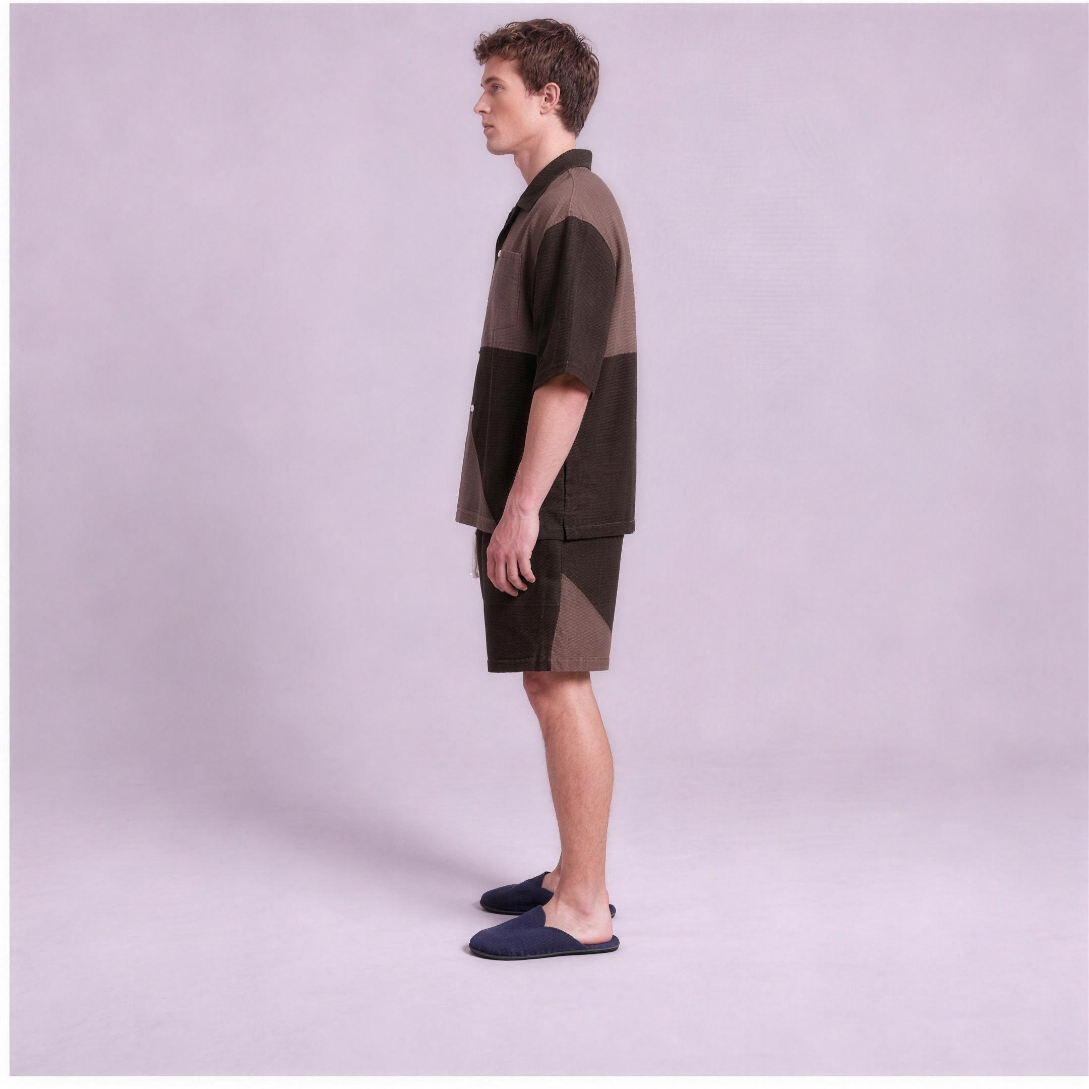 Linen Two-Tone Colour-Block Camp Collar Set in Roast, Ratń Swamini, side view