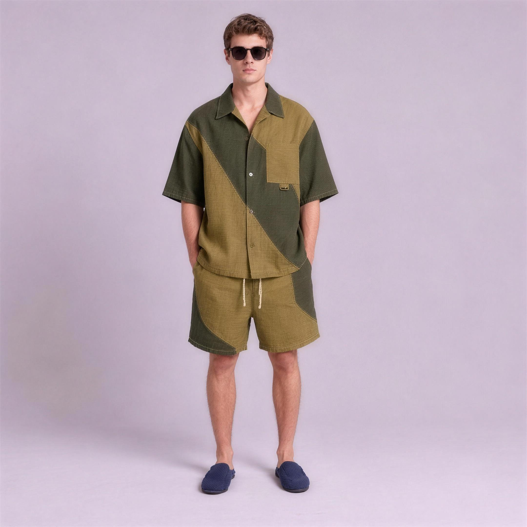 Linen Colour-Block Camp Collar Set in Thicket, Ratń Swamini, alt front view