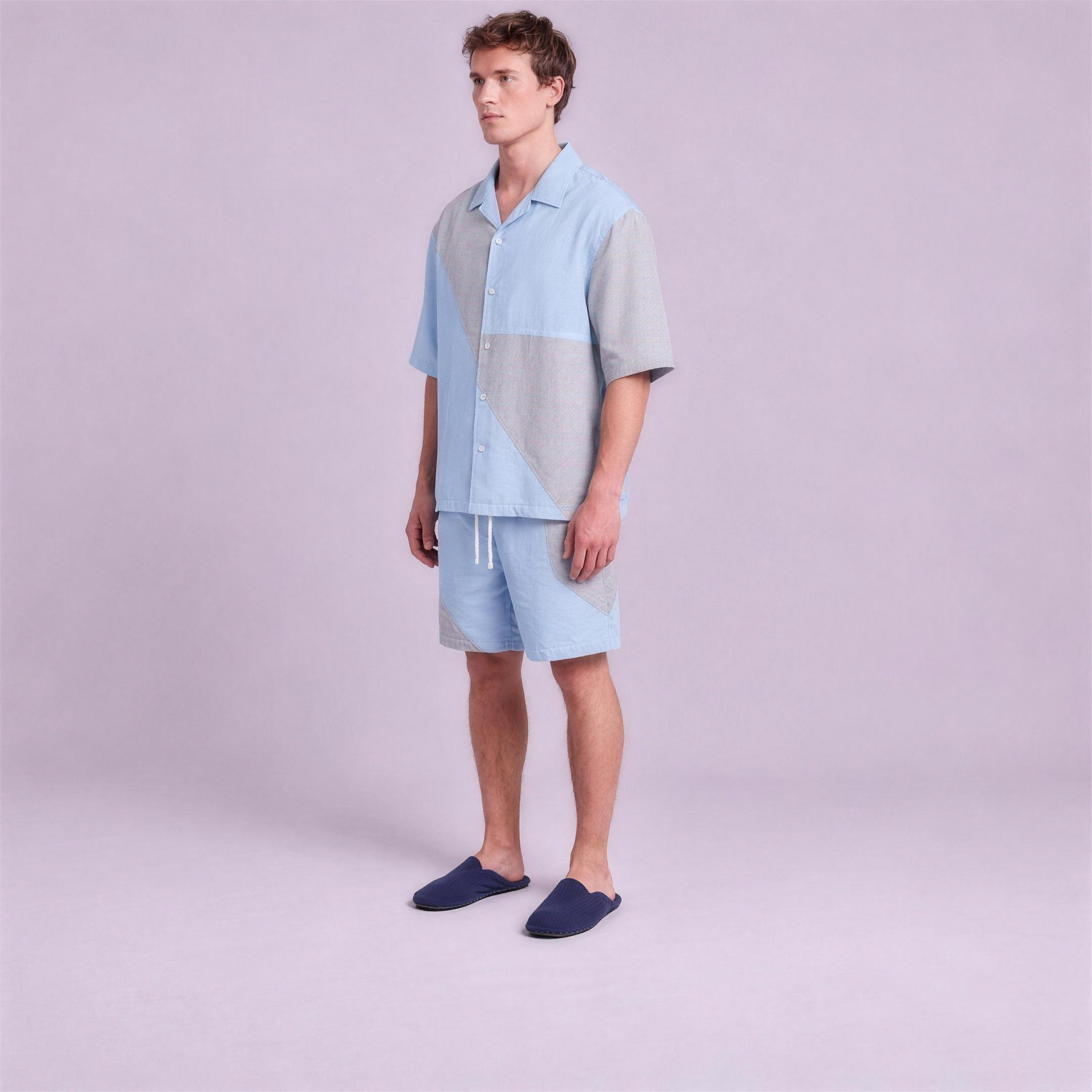 Linen Two-Tone Colour-Block Camp Collar Set in Skyline, Ratń Swamini, alt front view