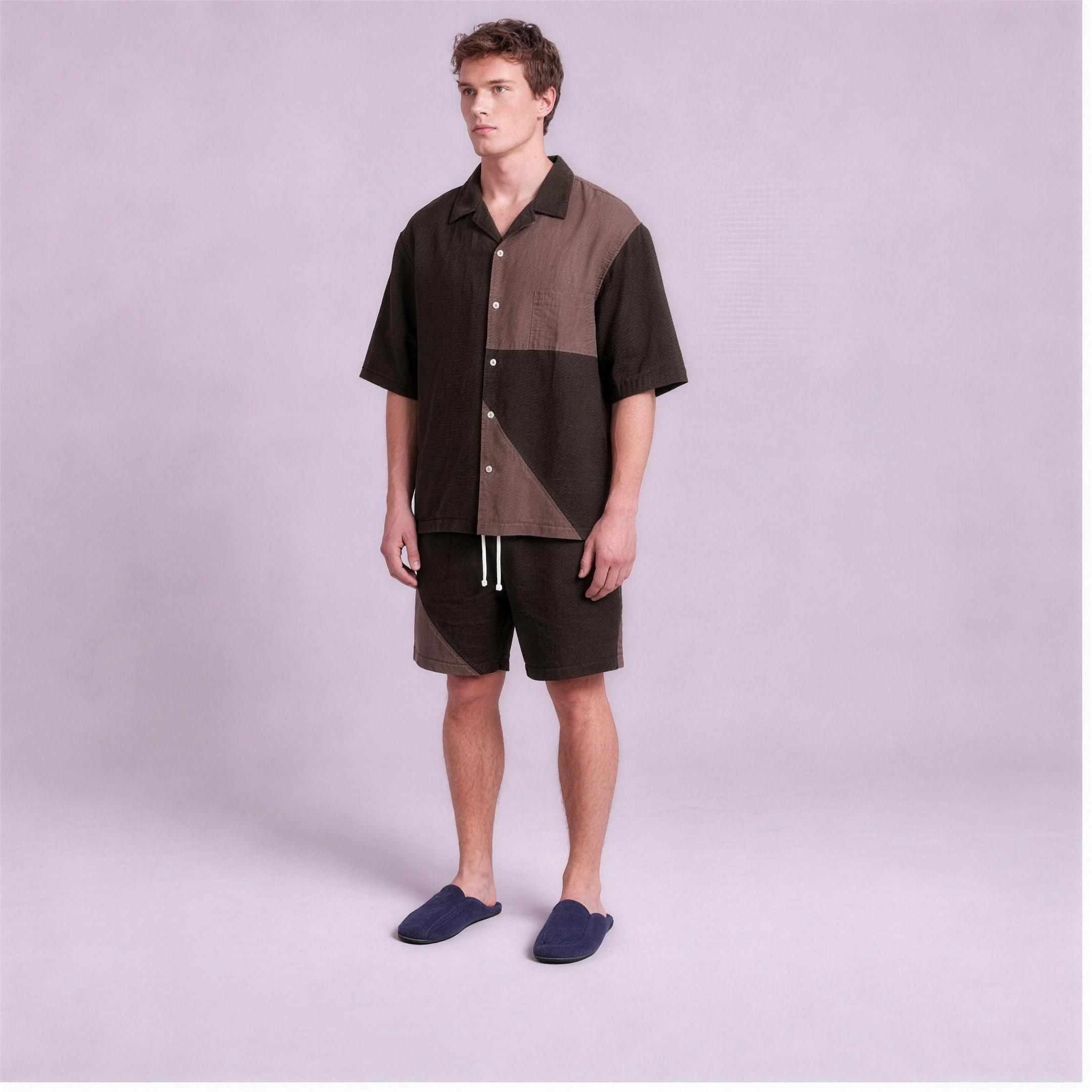 Linen Two-Tone Colour-Block Camp Collar Set in Roast, Ratń Swamini, alt front view