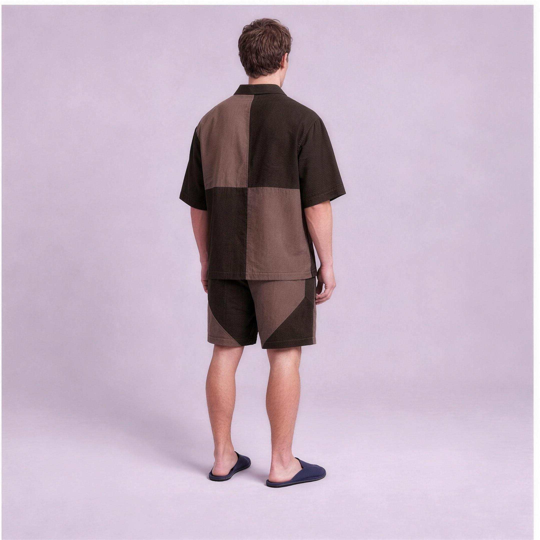 Linen Two-Tone Colour-Block Camp Collar Set in Roast, Ratń Swamini, back view