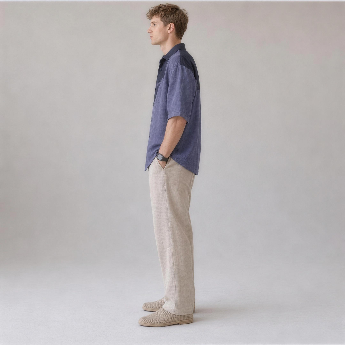 Linen Colorblock Shirt in Meridian, Ratń Swamini, side view