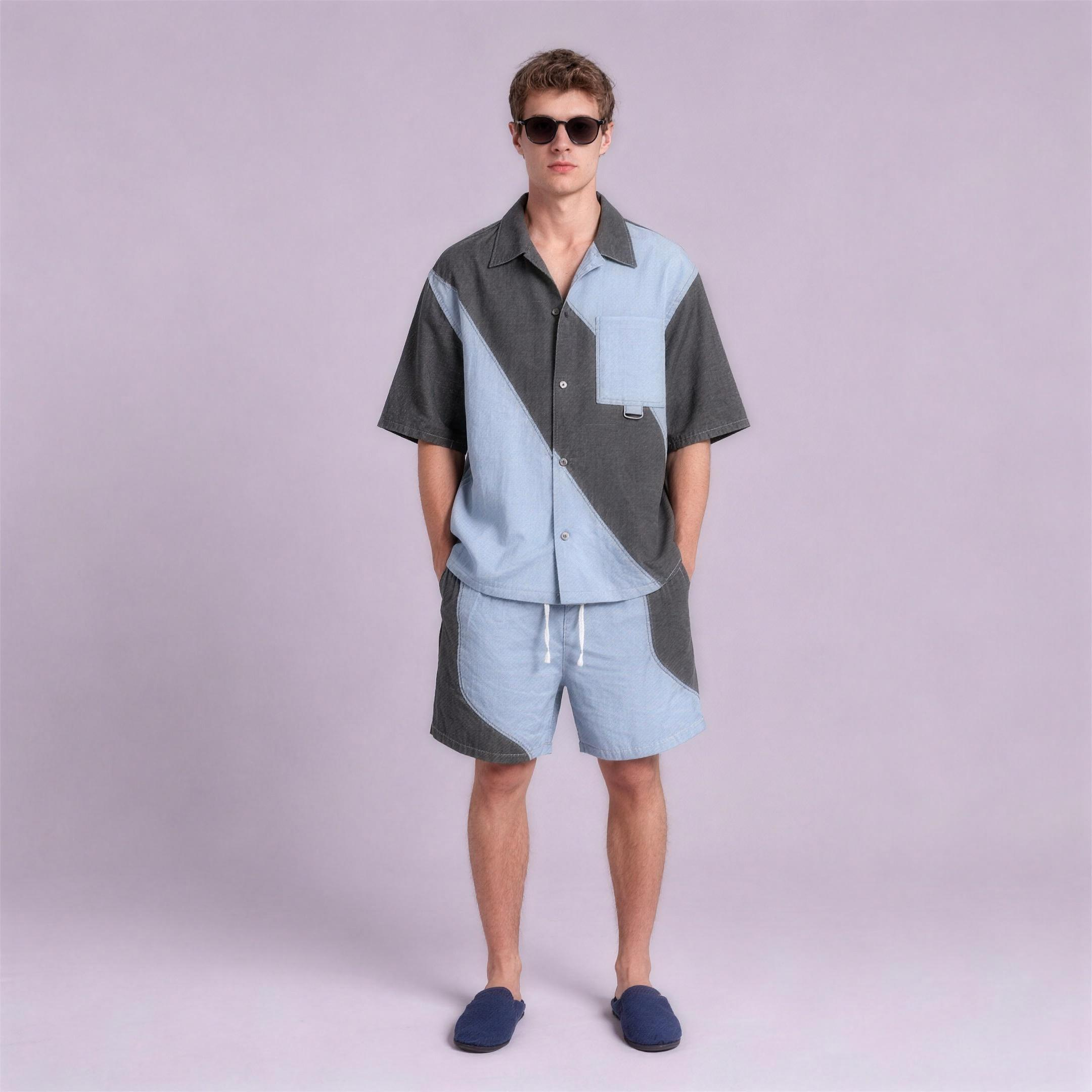 Linen Colour-Block Camp Collar Set in Bayline, Ratń Swamini