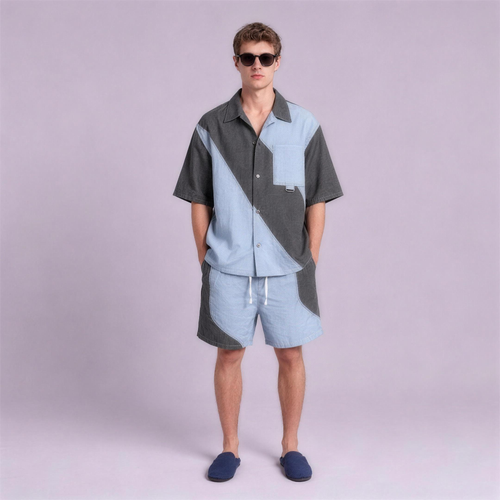 Linen Colour-Block Camp Collar Set in Bayline, Ratń Swamini