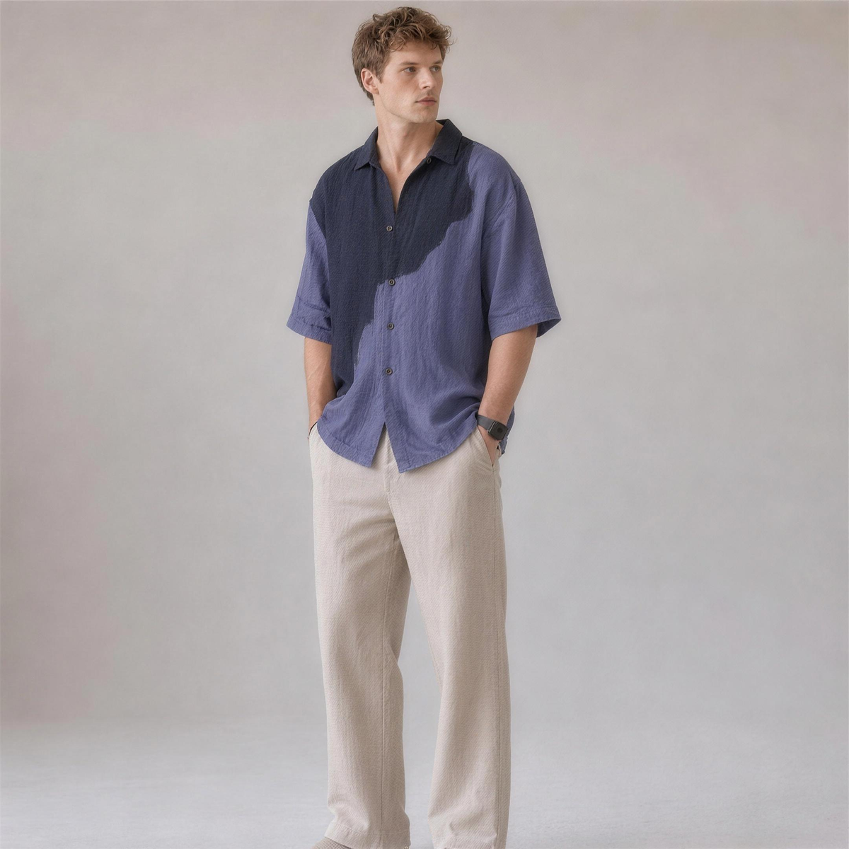 Linen Colorblock Shirt in Meridian, Ratń Swamini, alt front view
