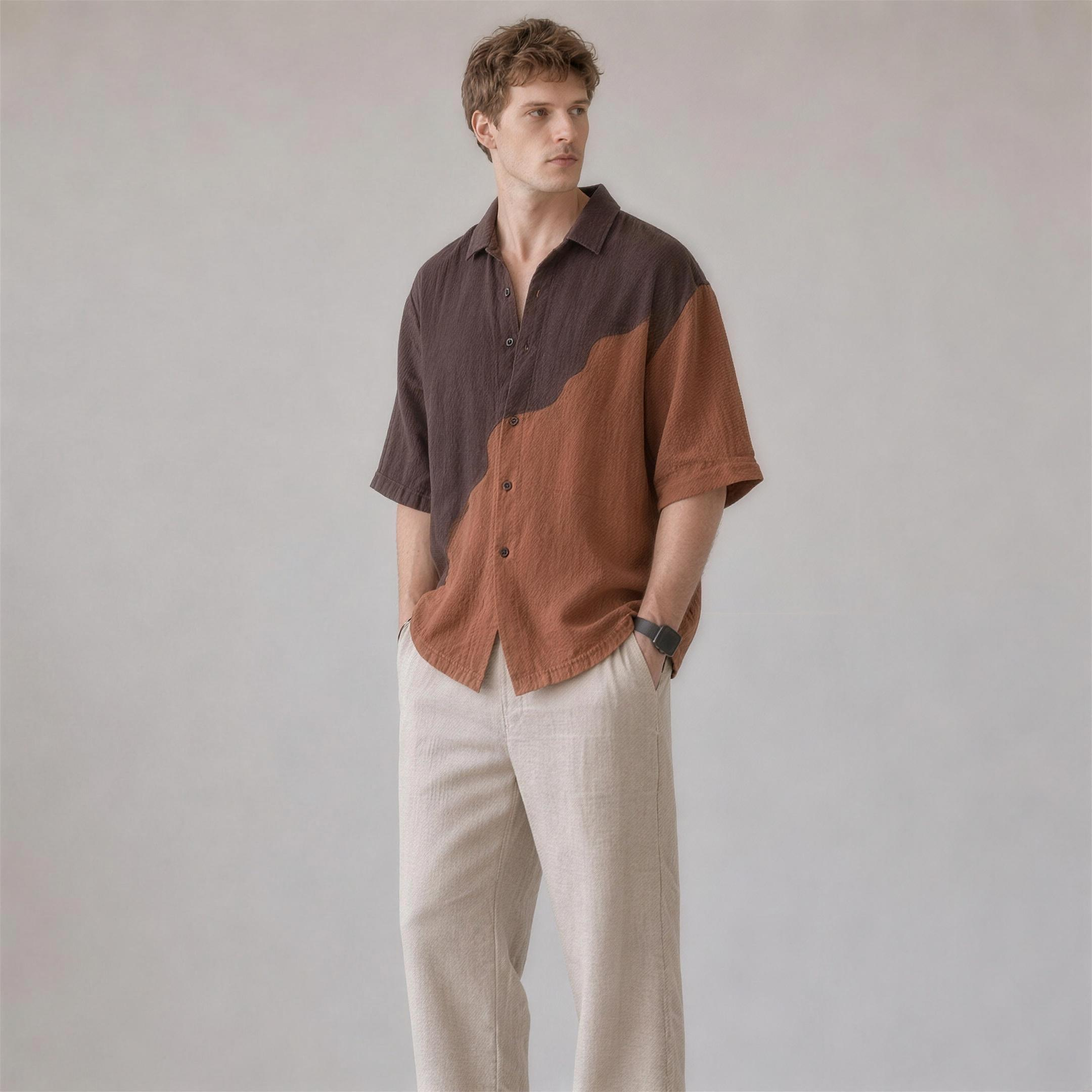 Linen Colorblock Shirt in Umber, Ratń Swamini