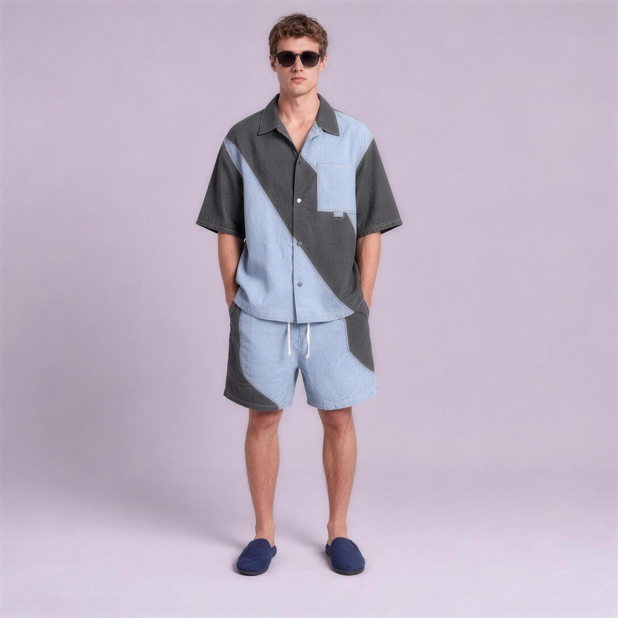 Linen Colour-Block Camp Collar Set in Bayline, Ratń Swamini, alt front view