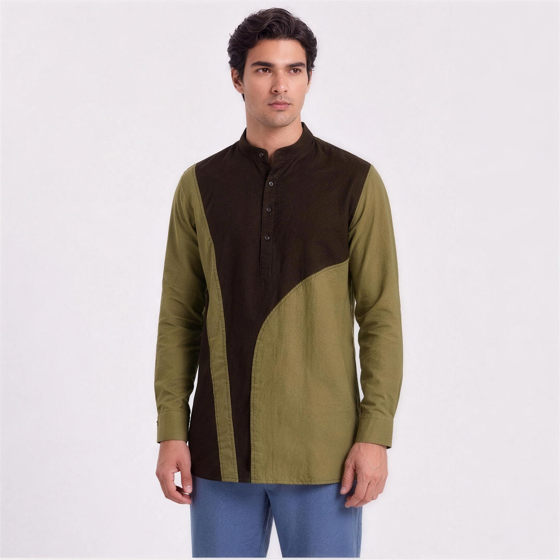 Linen Colour-Block Kurta Shirt in Woodland, Ratń Swamini, alt front view