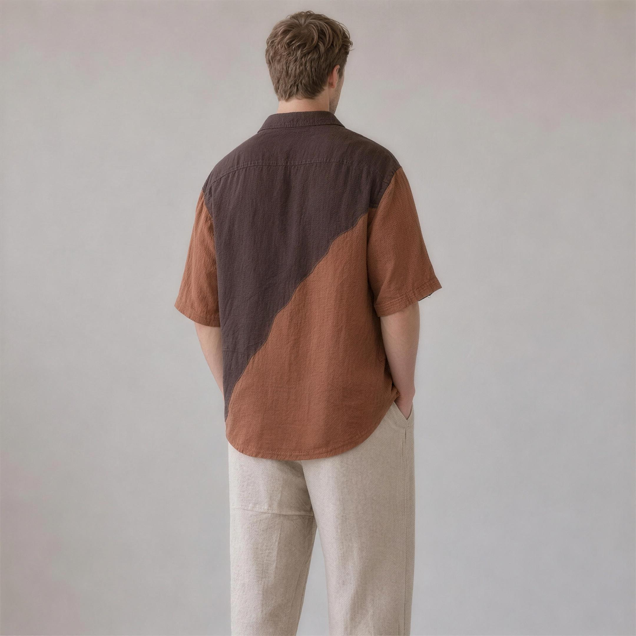 Linen Colorblock Shirt in Umber, Ratń Swamini, back view