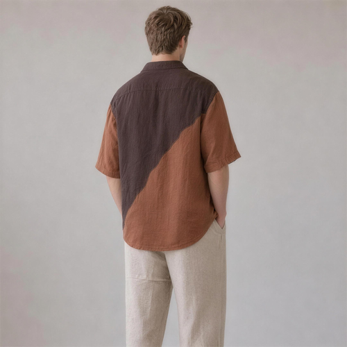Linen Colorblock Shirt in Umber, Ratń Swamini, back view