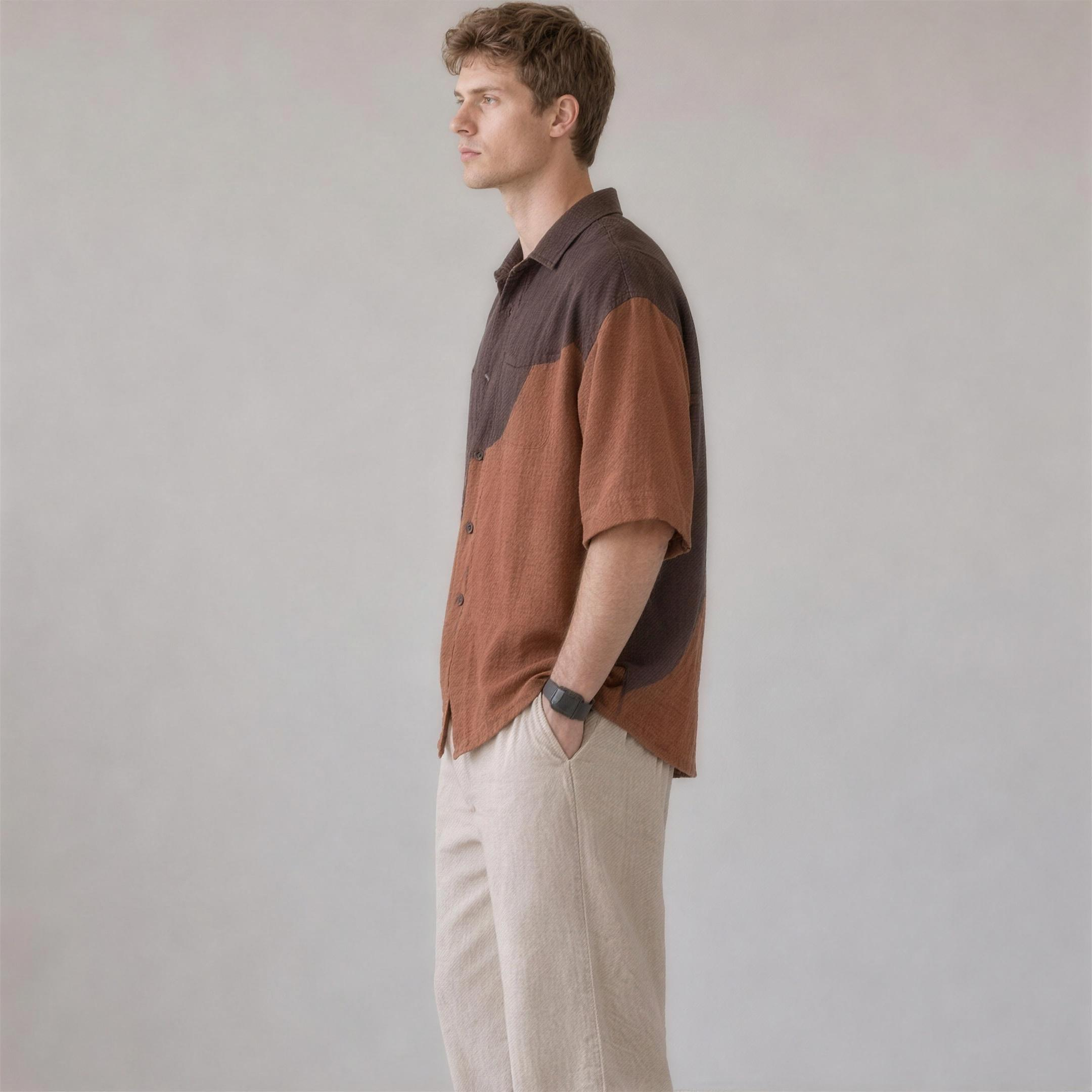 Linen Colorblock Shirt in Umber, Ratń Swamini, side view