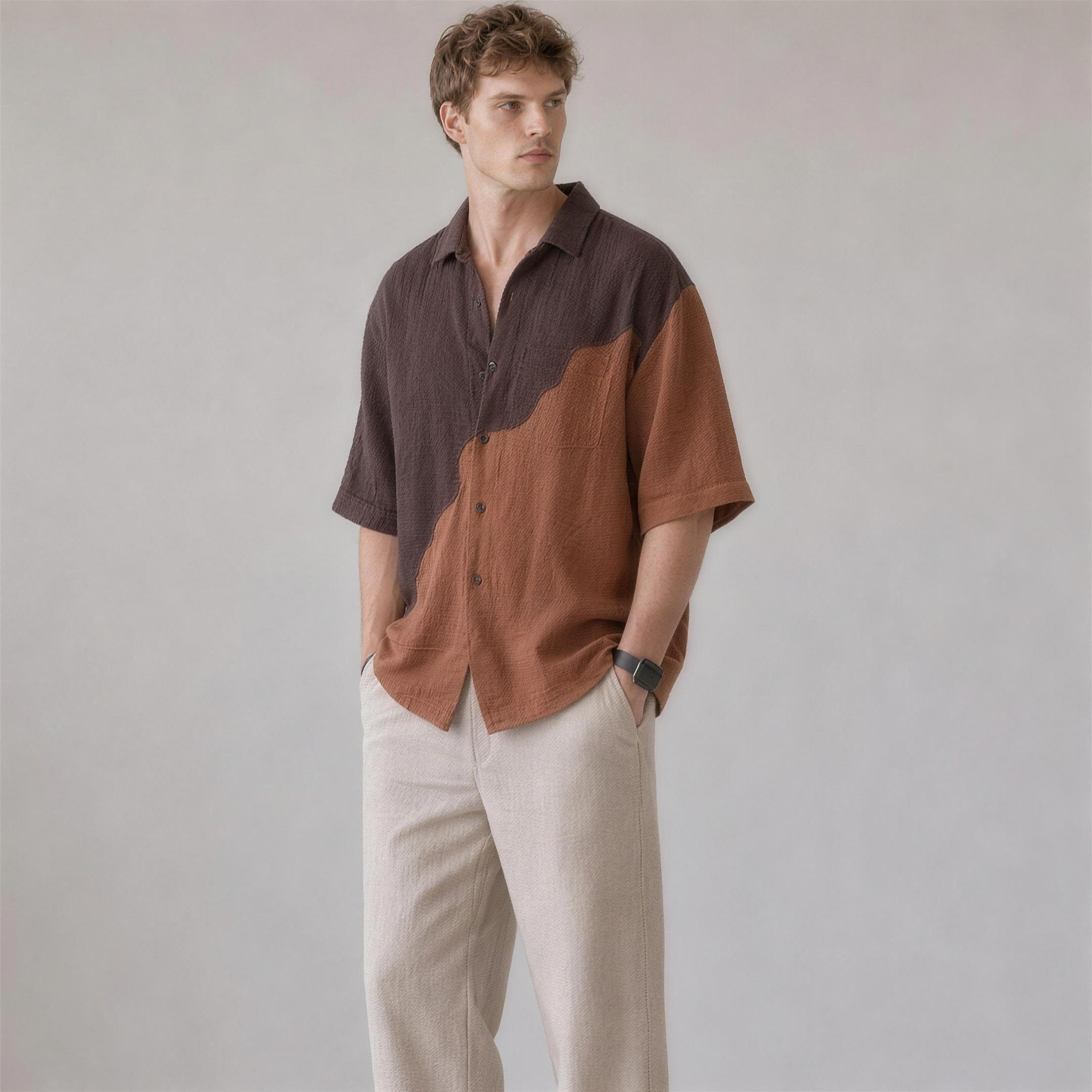 Linen Colorblock Shirt in Umber, Ratń Swamini, alt front view