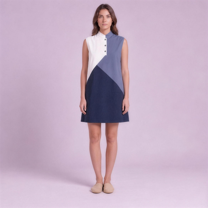 Linen Colour-Block Mini Dress in Porcelain, Ratń Swamini