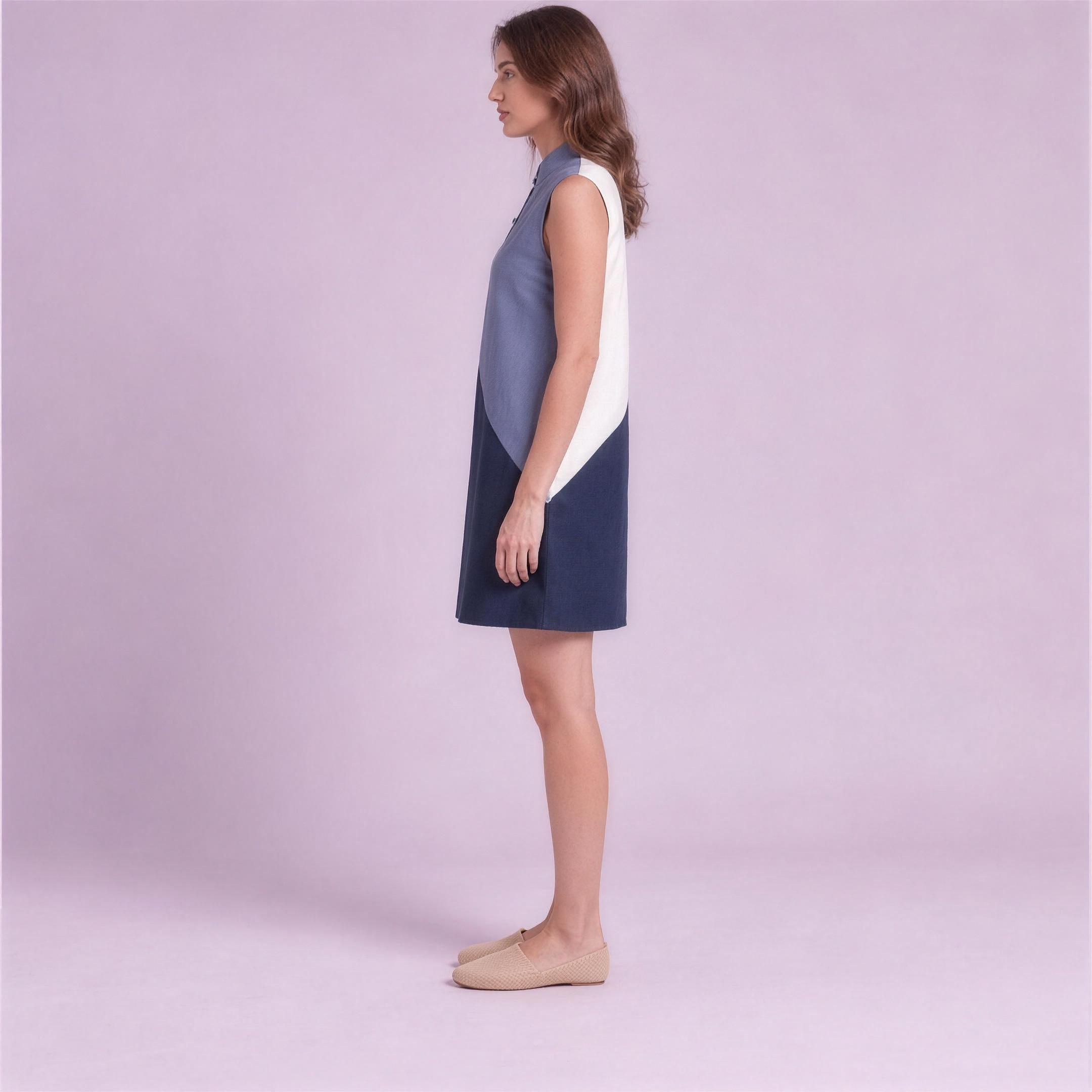 Linen Colour-Block Mini Dress in Porcelain, Ratń Swamini, side view