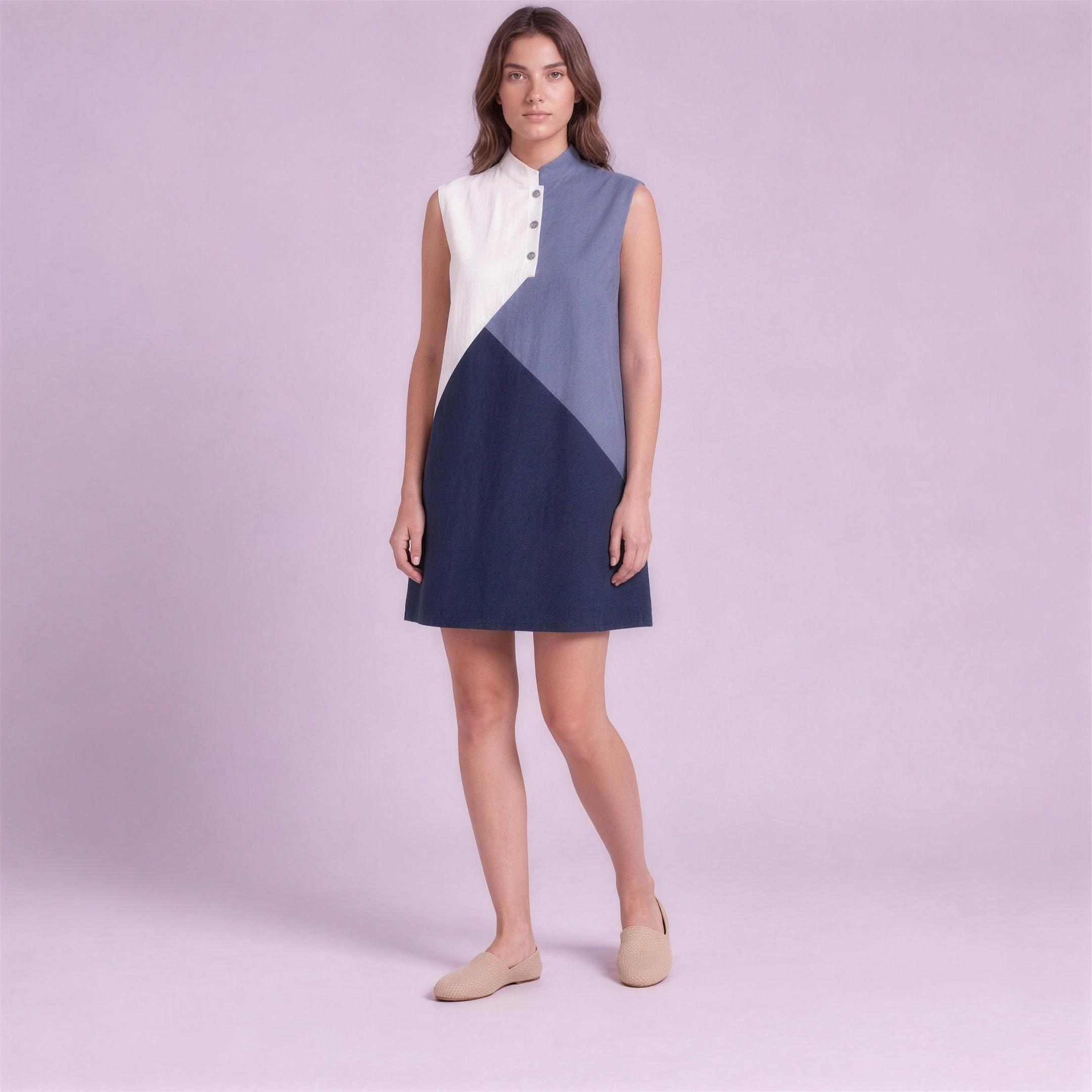 Linen Colour-Block Mini Dress in Porcelain, Ratń Swamini, alt front view