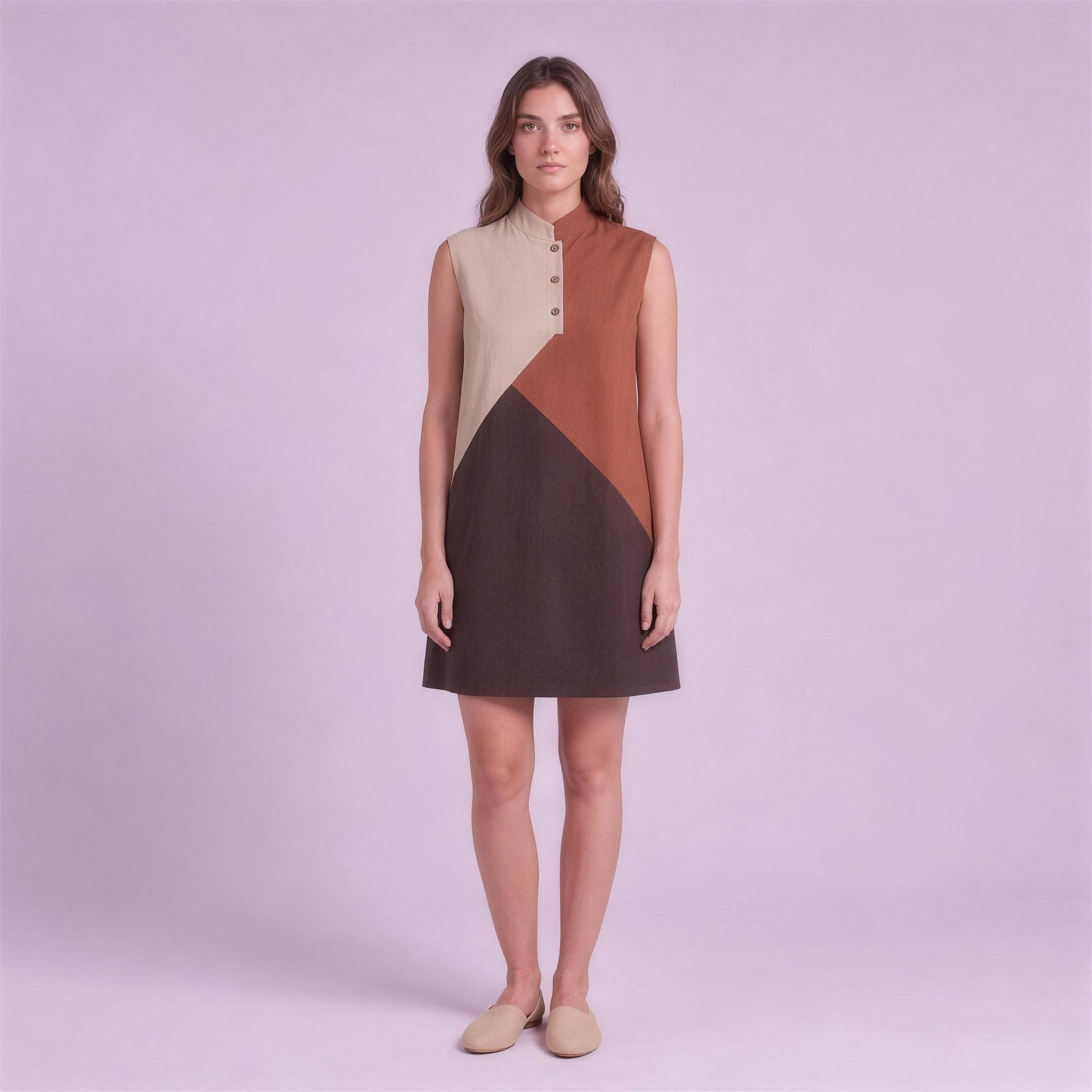 Linen Colour-Block Mini Dress in Adobe, Ratń Swamini