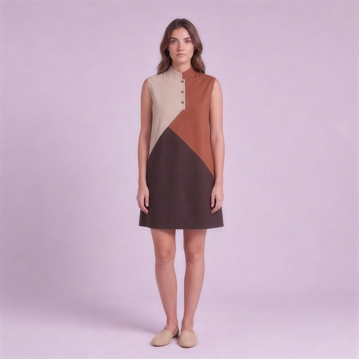 Linen Colour-Block Mini Dress in Adobe, Ratń Swamini