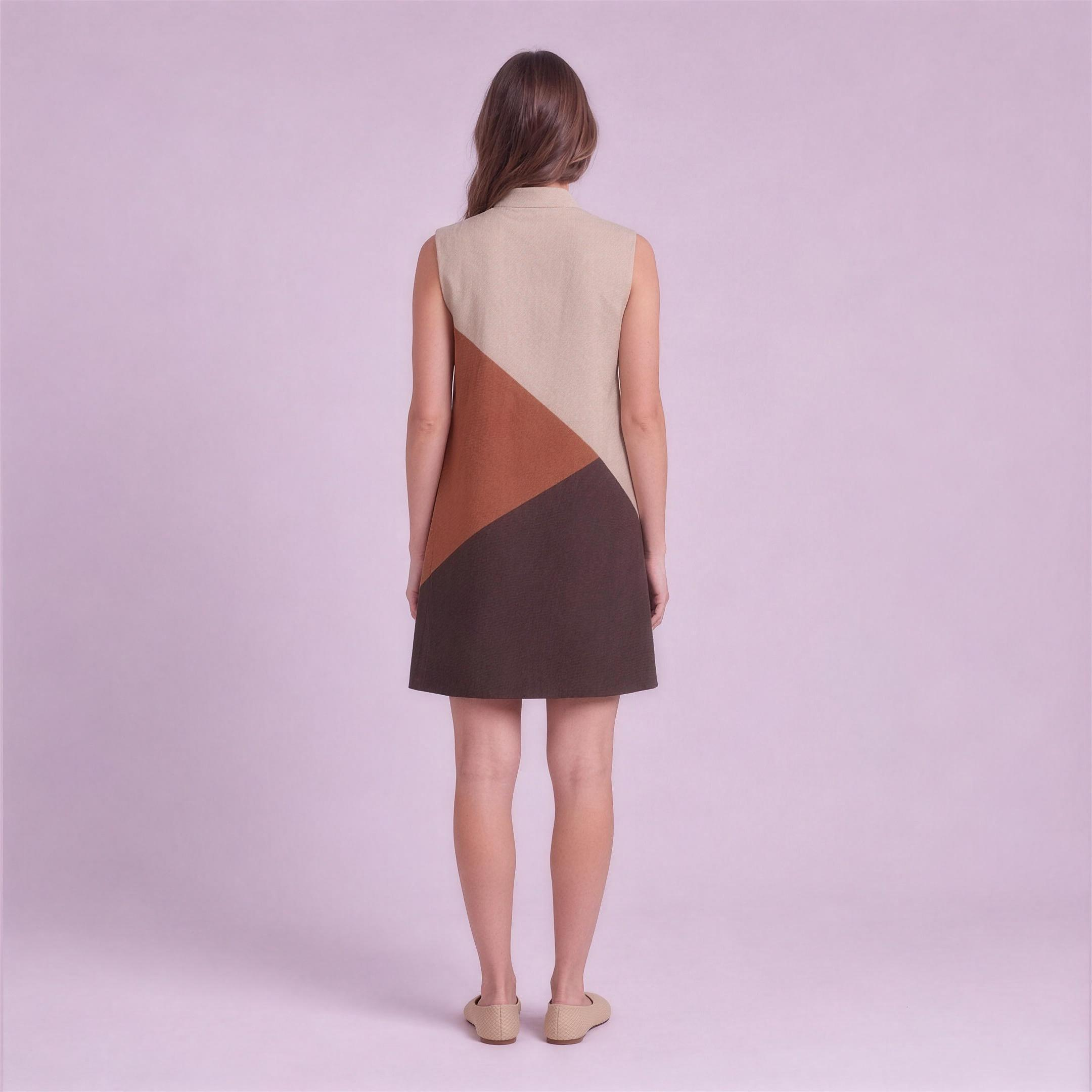 Linen Colour-Block Mini Dress in Adobe, Ratń Swamini, back view