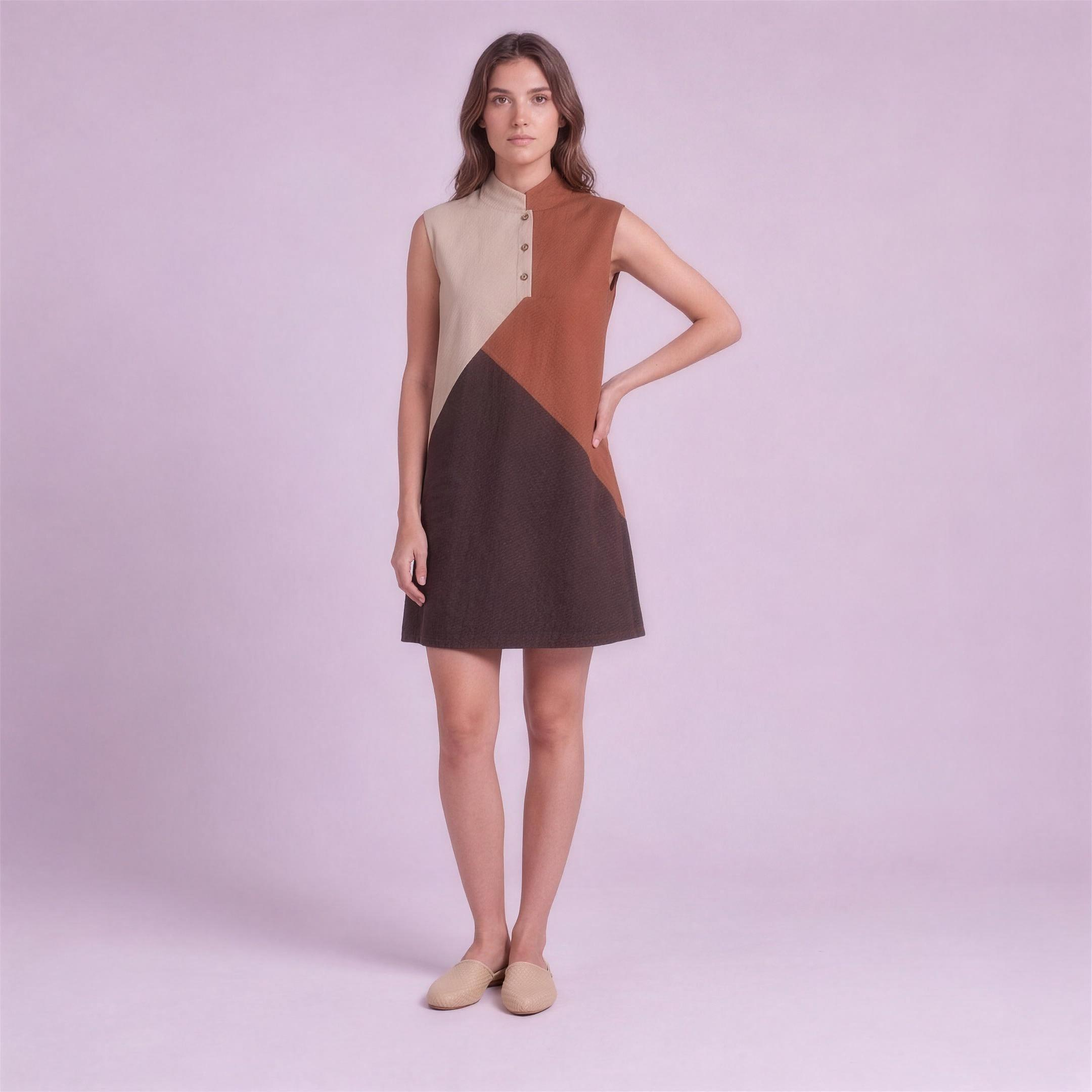 Linen Colour-Block Mini Dress in Adobe, Ratń Swamini, alt front view