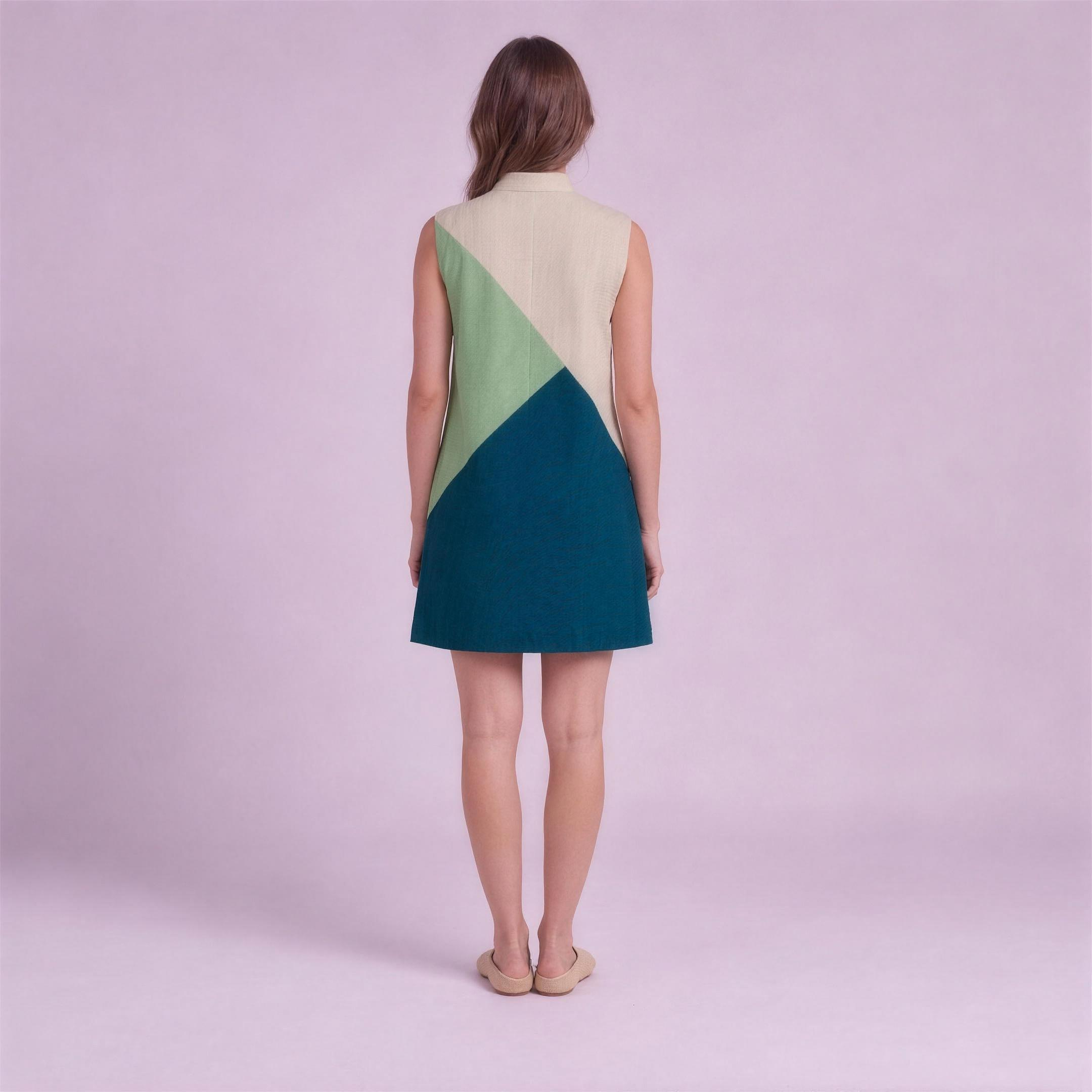 Linen Colour-Block Mini Dress in Estuary, Ratń Swamini, back view
