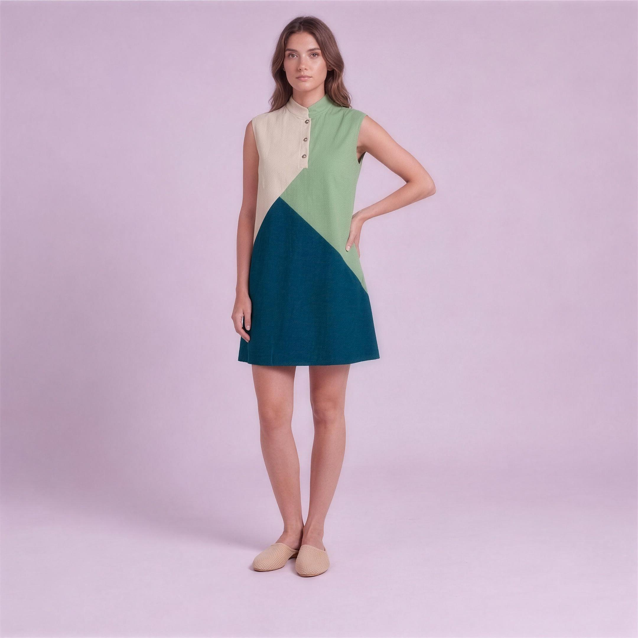 Linen Colour-Block Mini Dress in Estuary, Ratń Swamini, alt front view