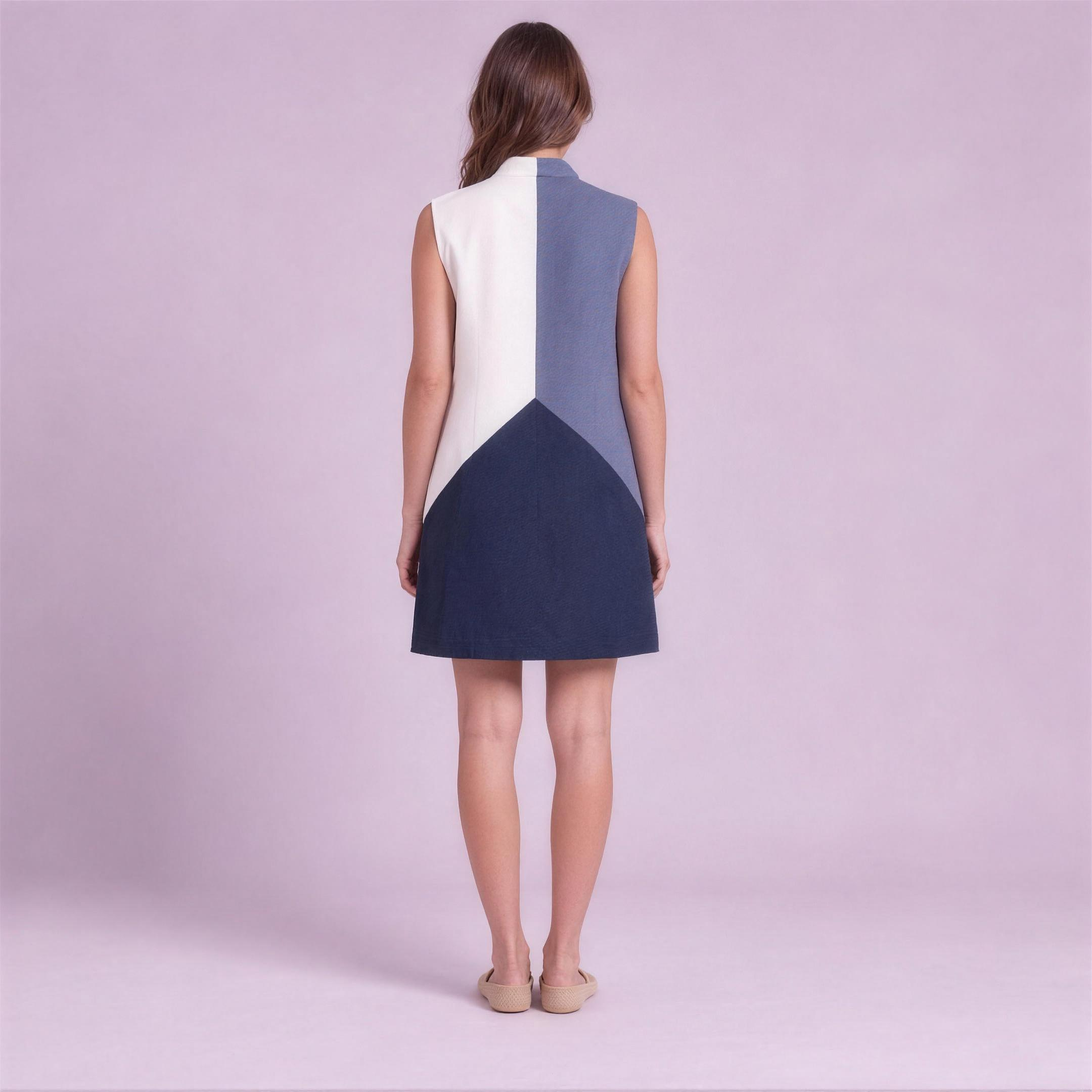 Linen Colour-Block Mini Dress in Porcelain, Ratń Swamini, back view