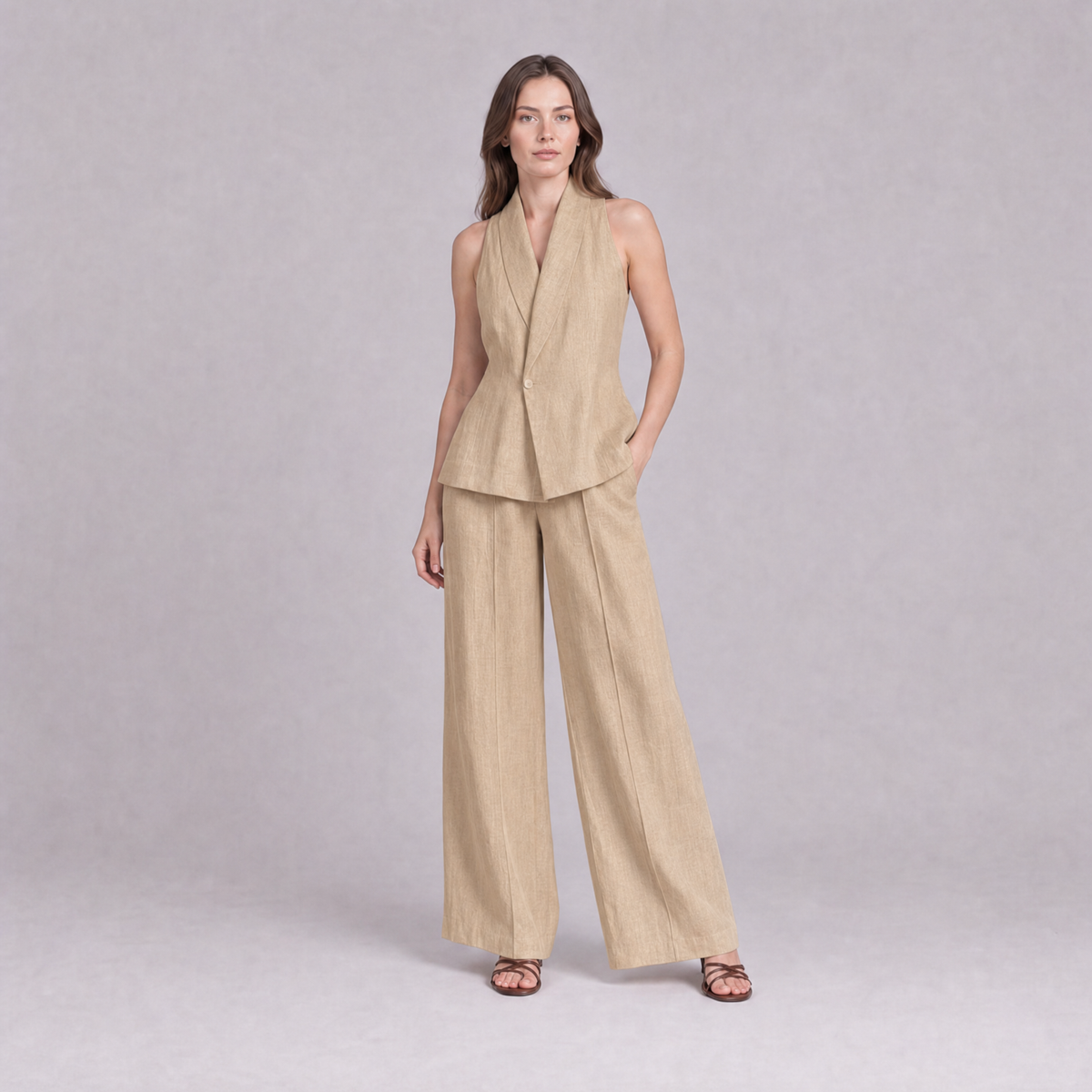 Linen Cotton Blazer Vest & Wide Leg Trouser Co-ord in Beige