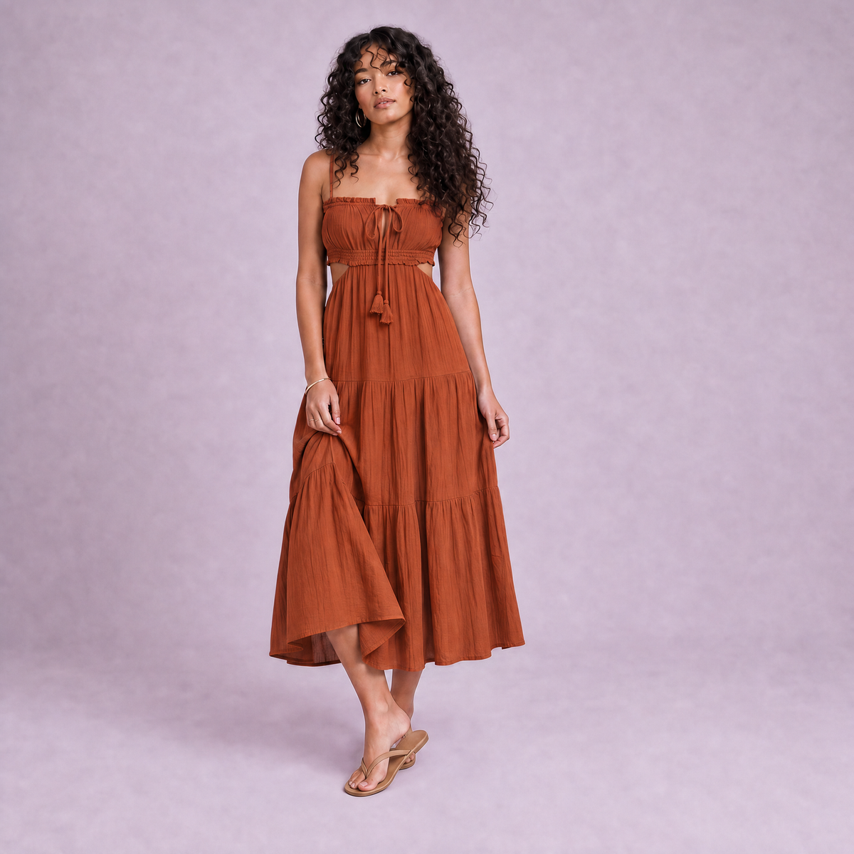 Linen Cut-Out Tiered Maxi Dress in Terracotta - OEKO-TEX certified pure linen