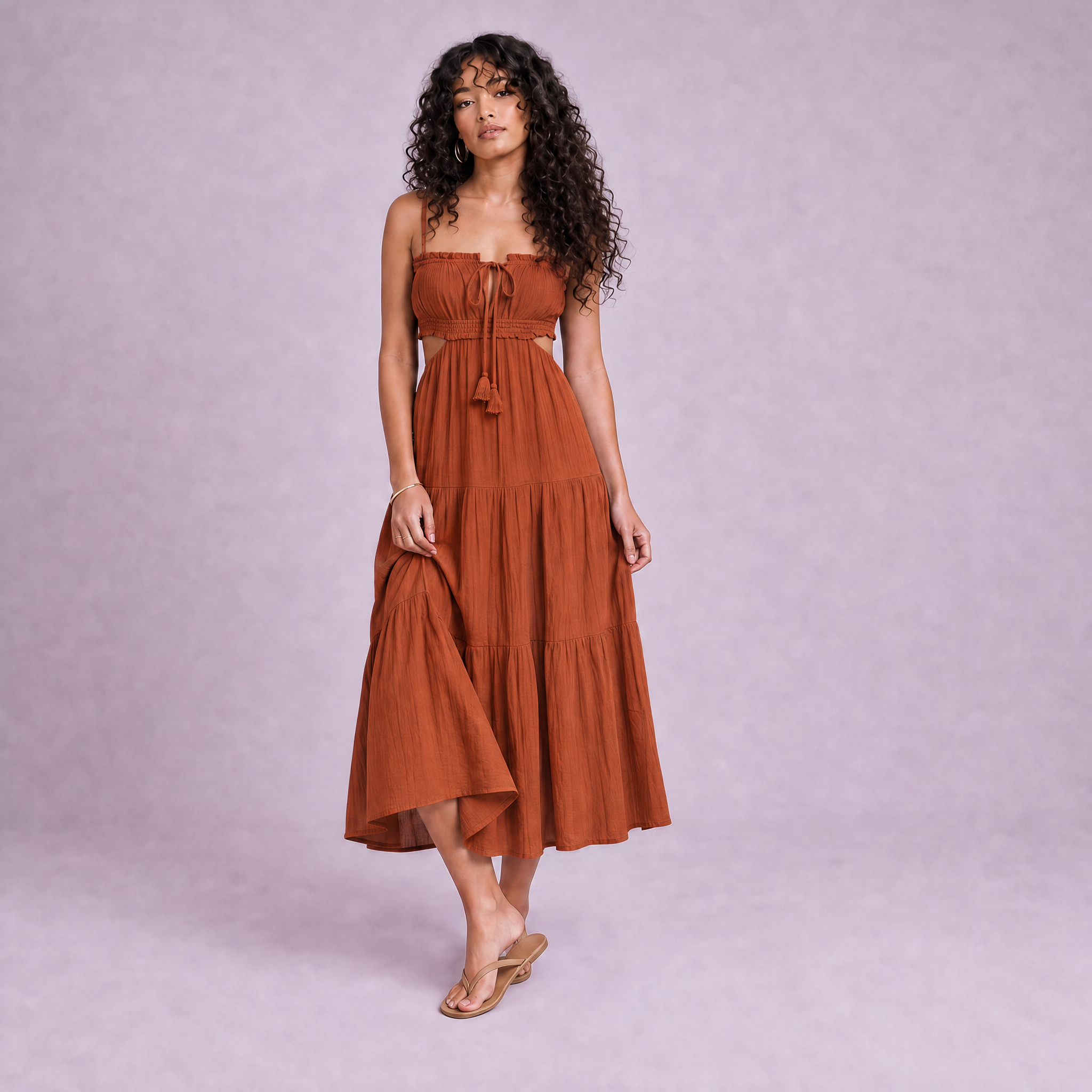 Linen Cut-Out Tiered Maxi Dress in Terracotta - OEKO-TEX certified pure linen