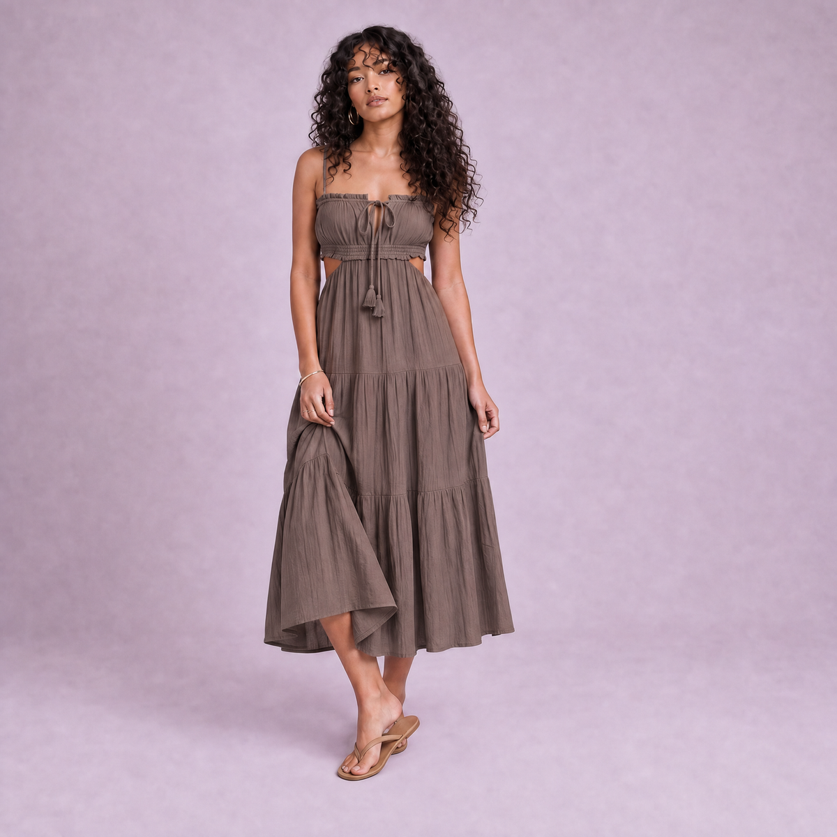 Linen Cut-Out Tiered Maxi Dress in Burntwood - OEKO-TEX certified pure linen