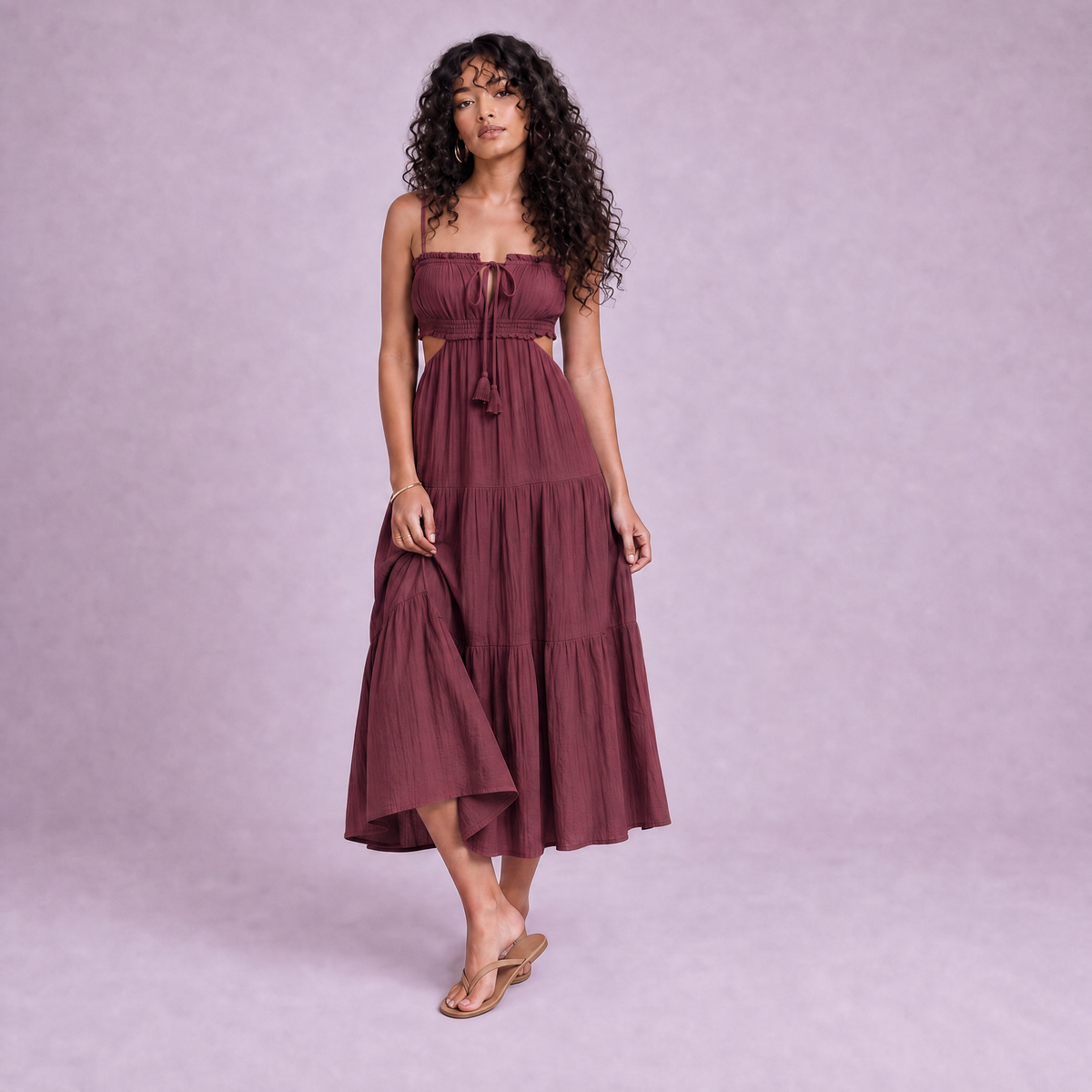 Linen Cut-Out Tiered Maxi Dress in Garnet - OEKO-TEX certified pure linen