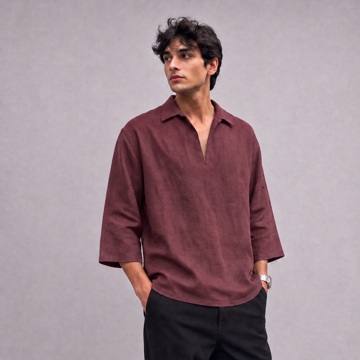 Linen Pullover Shirt in three quarter sleeve in Garnet - OEKO-TEX certified pure linen