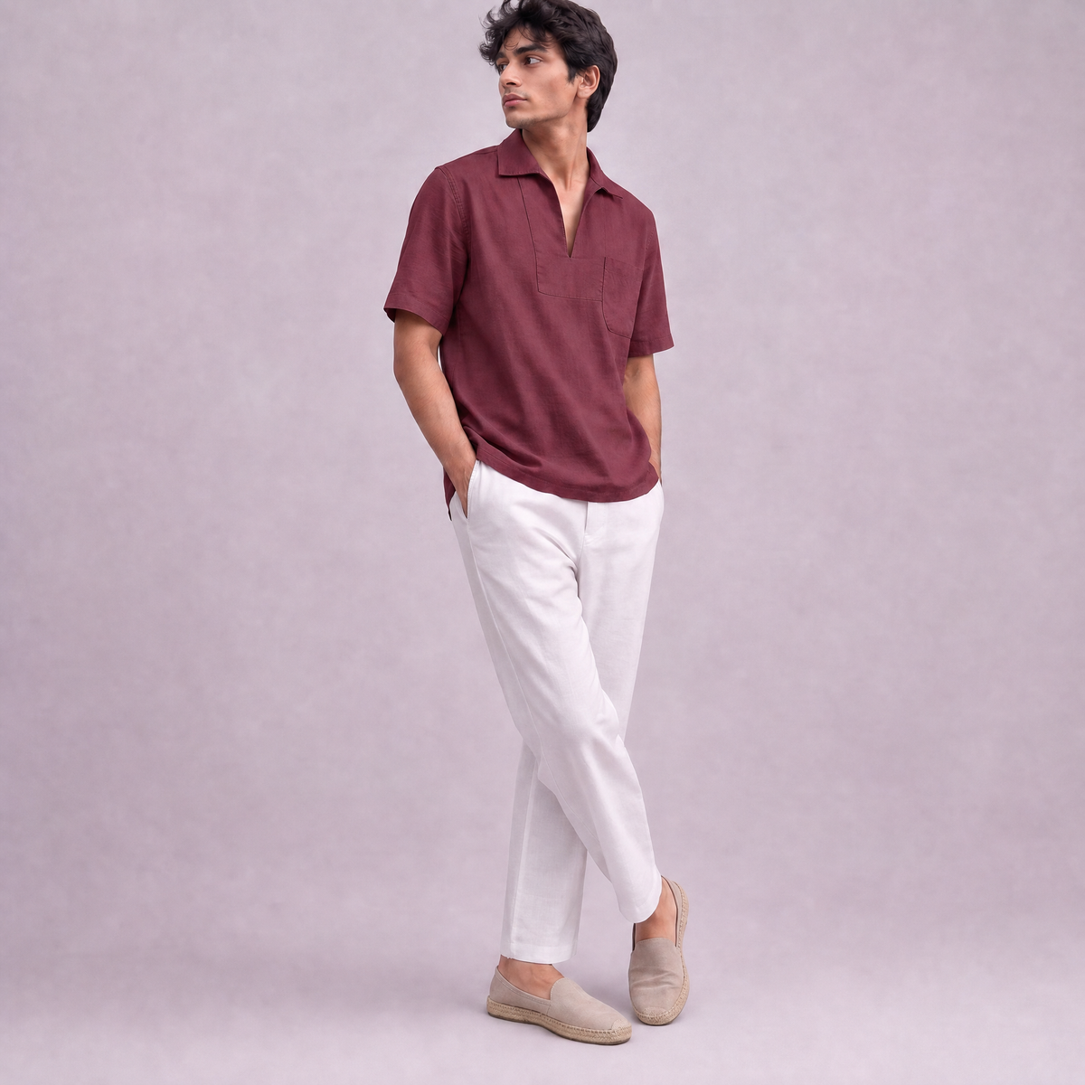 Linen Pullover Shirt in half sleeve in Garnet, Ratń Swamini